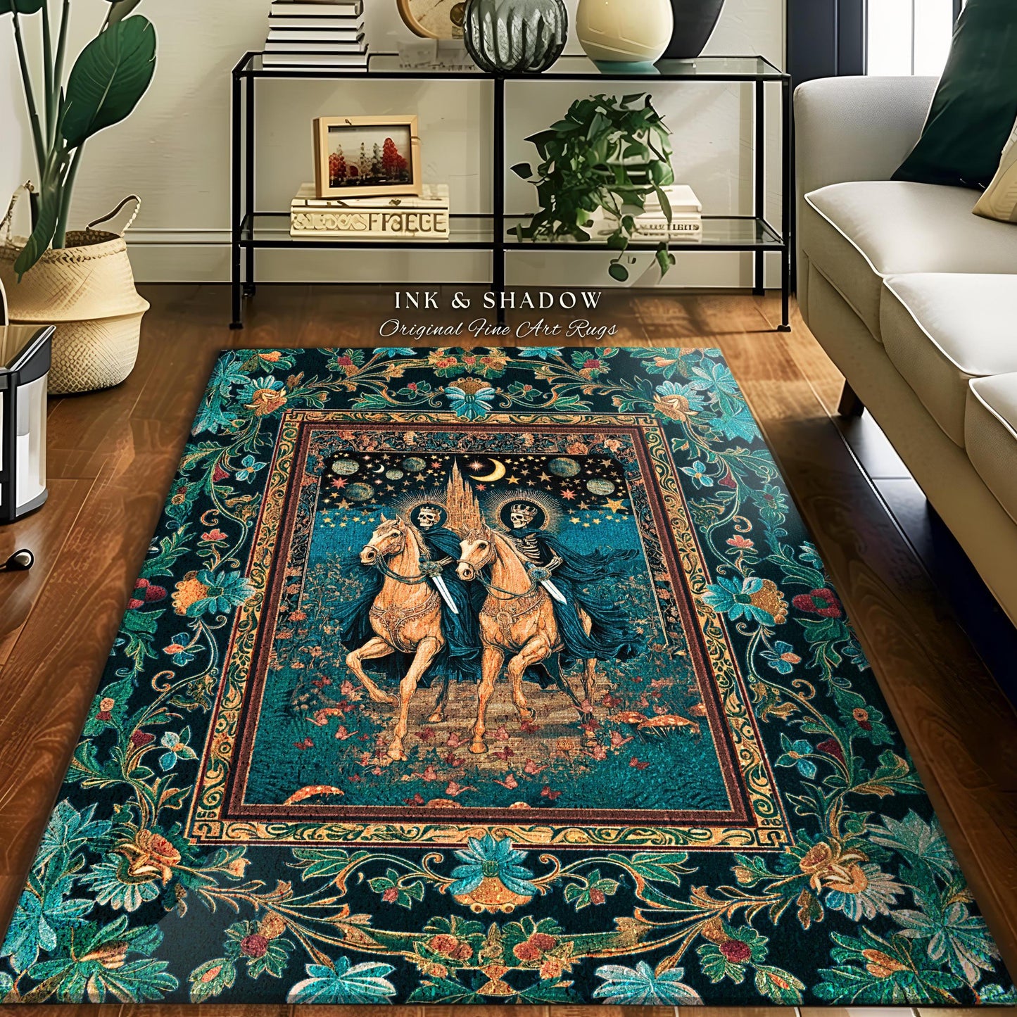 Night Riders Celestial Skeleton Area Rug | Haunted Horsemen Macabre Aesthetic Castle Witchy Tarot Bedroom Accent Ethereal Forest Dreamy Dorm