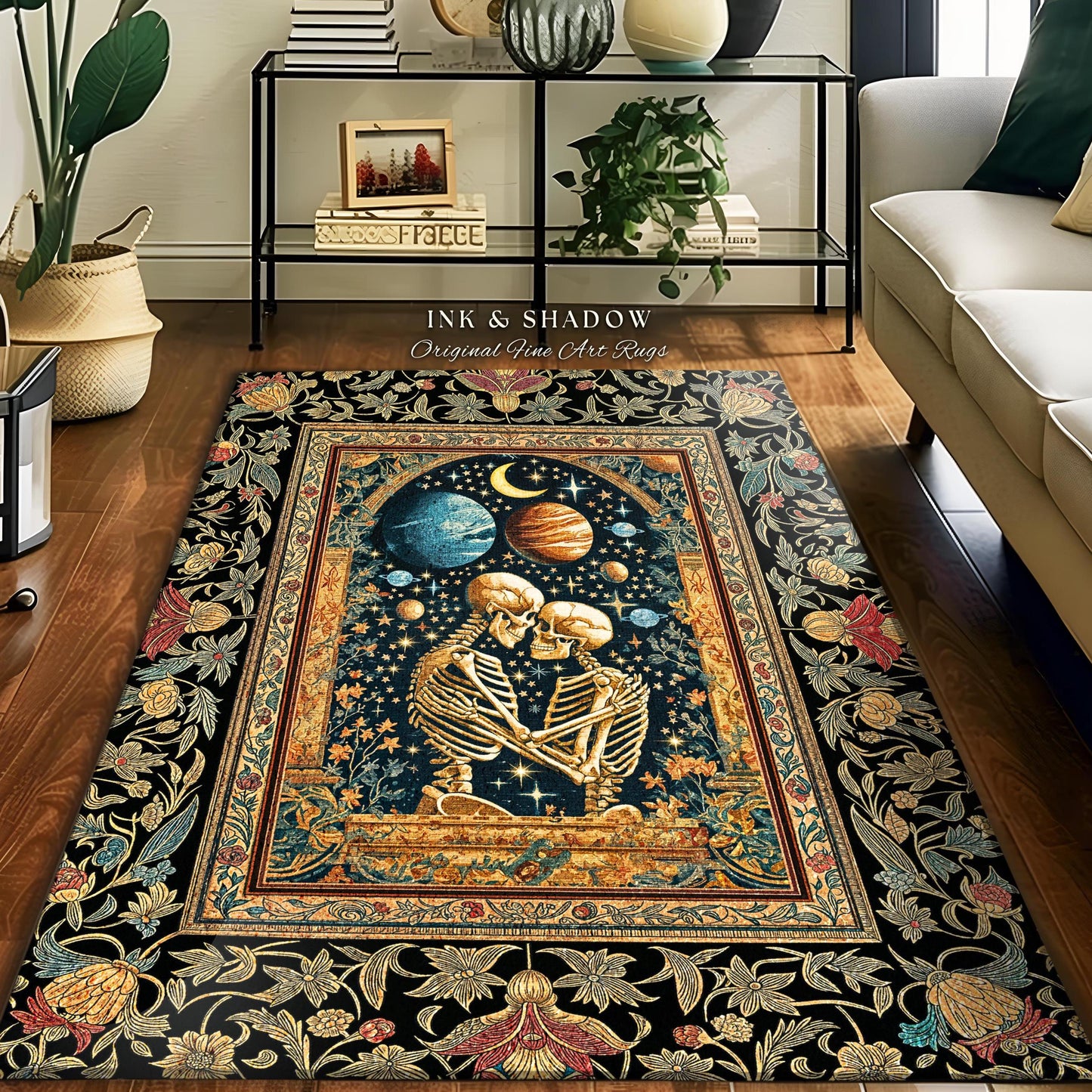 Skeleton Embrace Cosmic Accent Rug | Celestial Fantasy Bedroom Decor Baroque-Inspired Gothic Mystic Enchanted Macabre Couple Romance Cosmic