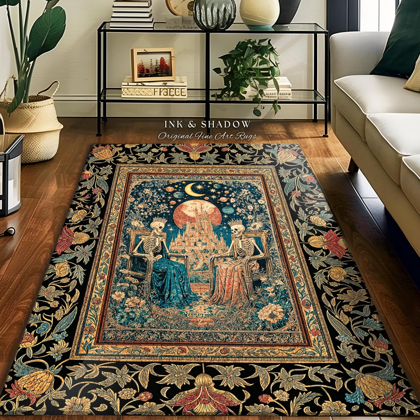 Golden Garden Skeleton Couple Rug | Celestial Gothic Lovers Moonlit Romance Baroque Floral Gothic Fairytale Magic Bedroom Accent Rug Mystic