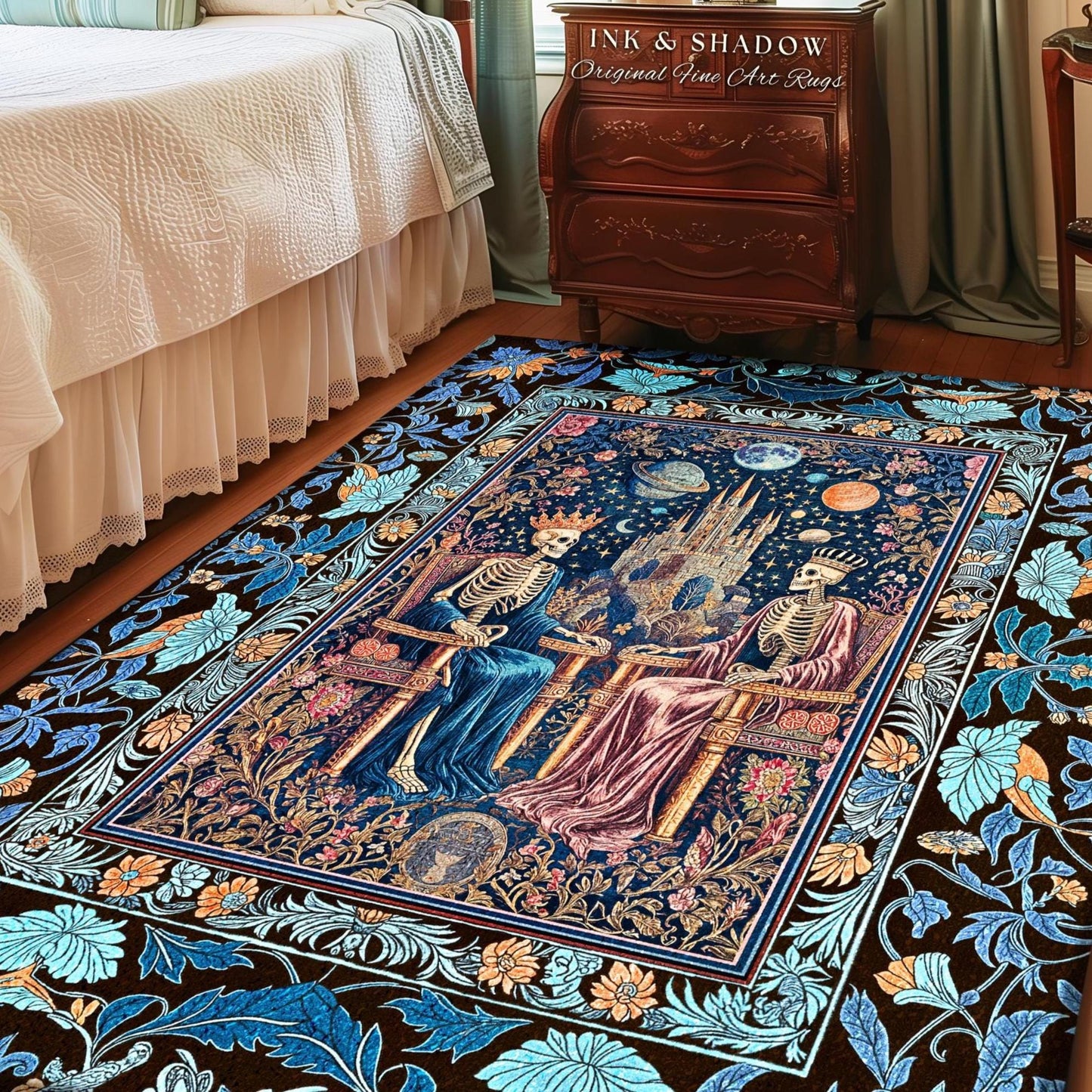 Moonlit Skeleton Lovers Celestial Accent Rug | Gothic Aesthetic Royal Romance Baroque Fantasy Cosmic Pastel Whimsical Bedroom Mystical Style