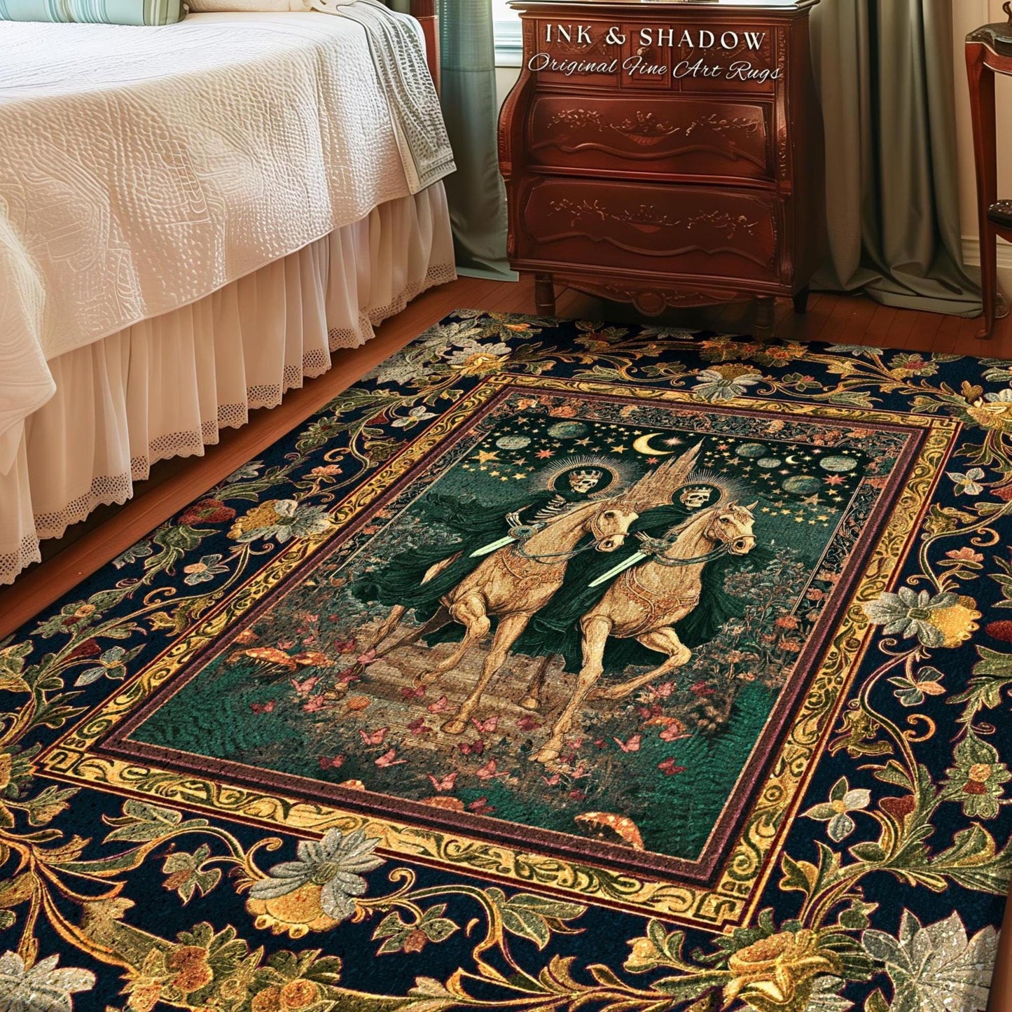 Skeleton Horsemen Mystic Area Rug | Haunted Forest Skeleton Riders Castle Dreamy Haunted Bedroom Accent Fantasy Aesthetic Victorian Gothic |