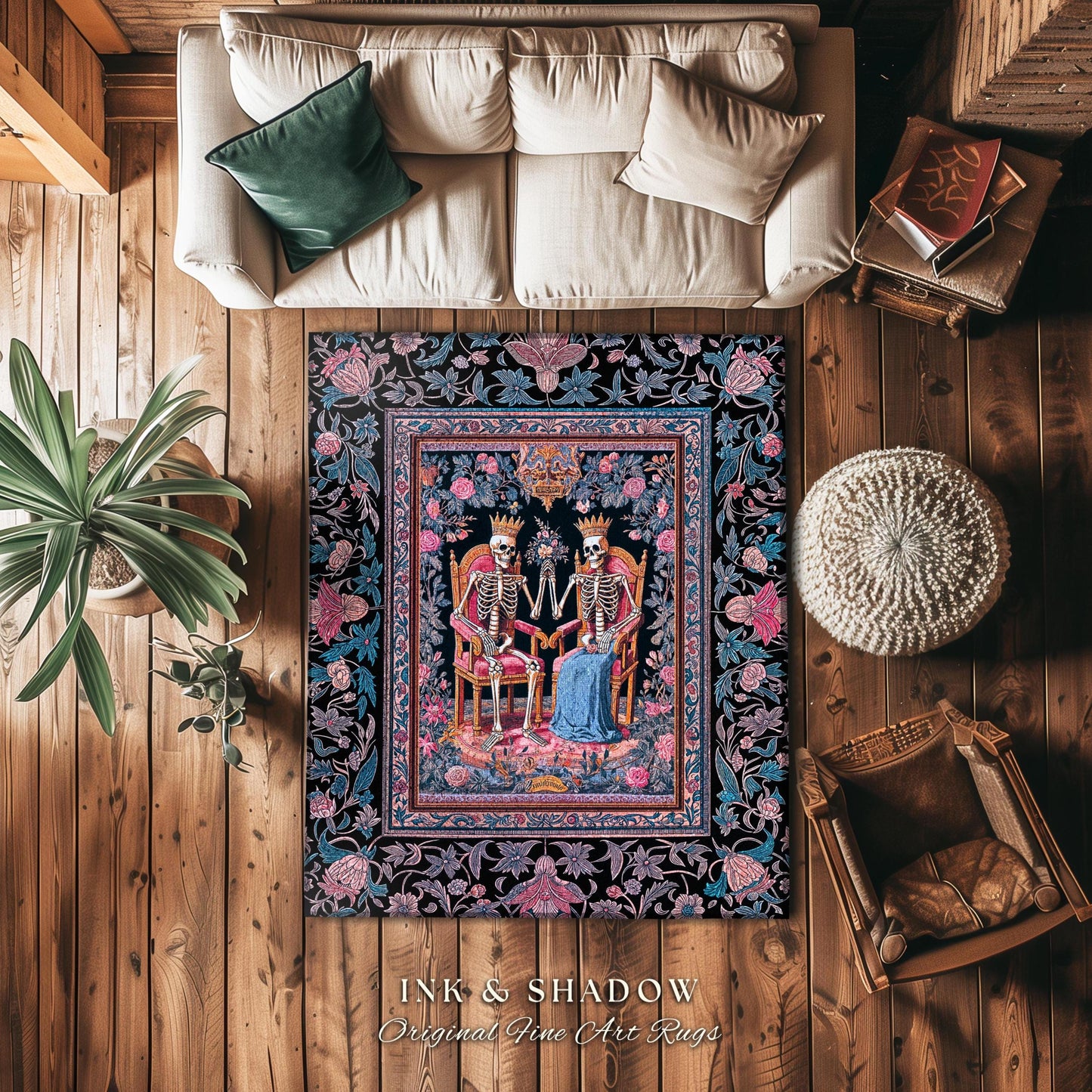 Rose Garden Skeleton Couple Area Rug | Baroque Aesthetic Renaissance Gothic Fairytale Magic Royal Theme Floral Castle Decor Celestial Accent