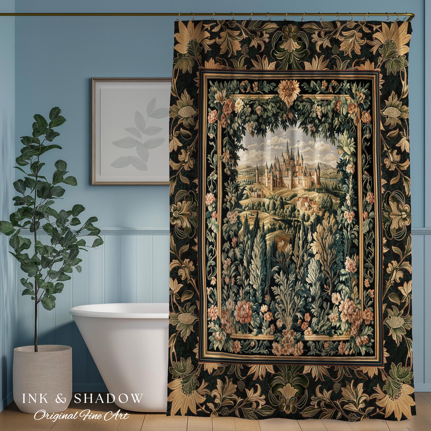 Dark Academia Victorian Royal Shower Curtain | Fantasy Bathroom Decor Woodland Princess Medieval Rustic Floral Landscape Coquette Maximalist