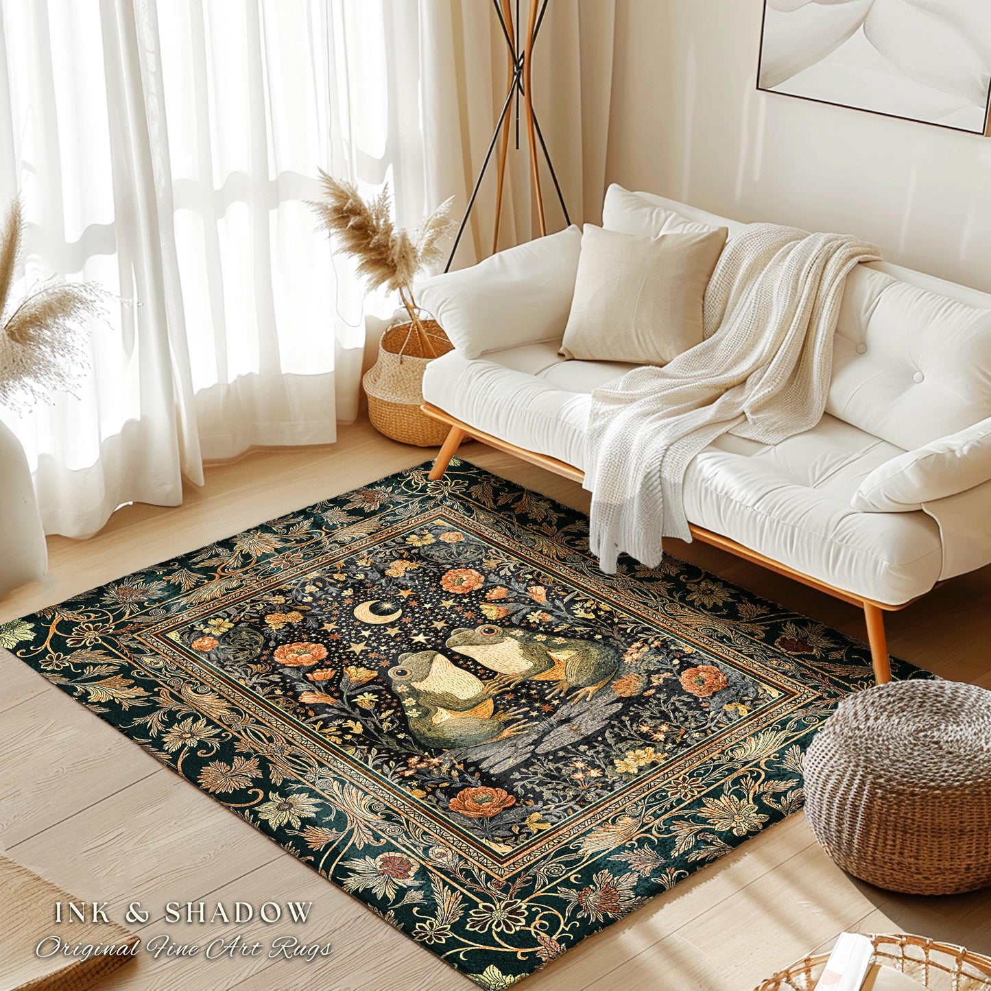 Folklore Aesthetic Frog Area Rug | Scandi Bohemian Bedroom Accent Whimsical Eclectic Woodland Theme Cute Cottagecore Style Mushroomcore Art