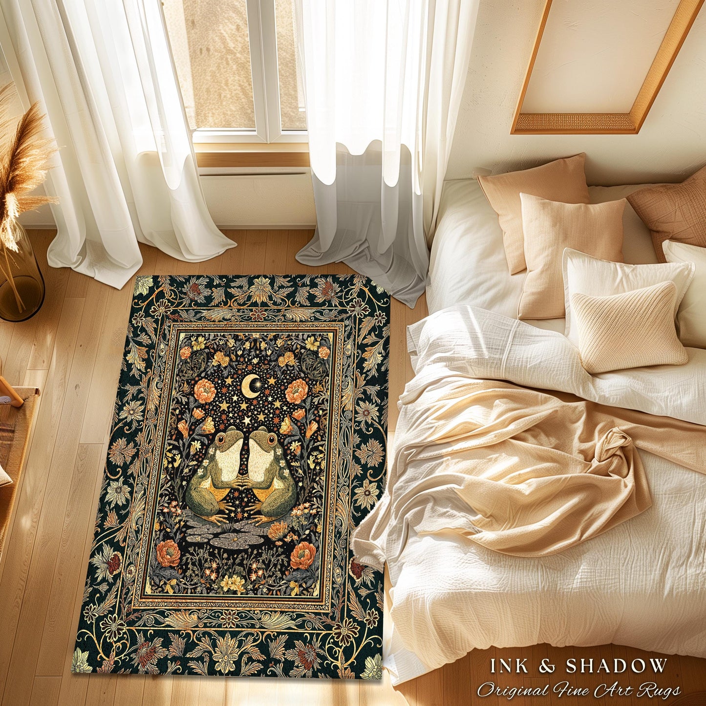 Folklore Aesthetic Frog Area Rug | Scandi Bohemian Bedroom Accent Whimsical Eclectic Woodland Theme Cute Cottagecore Style Mushroomcore Art
