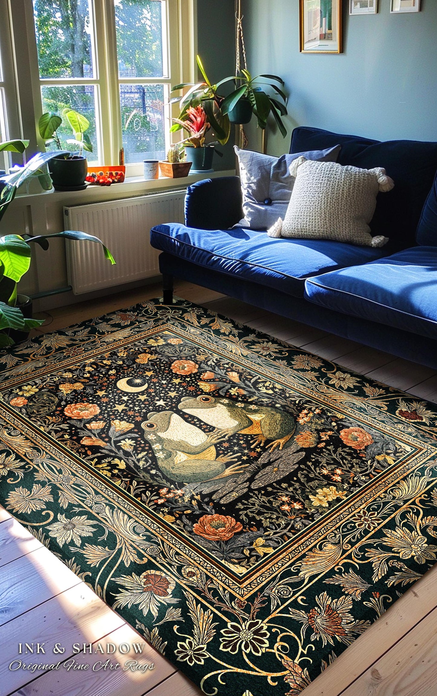 Folklore Aesthetic Frog Area Rug | Scandi Bohemian Bedroom Accent Whimsical Eclectic Woodland Theme Cute Cottagecore Style Mushroomcore Art