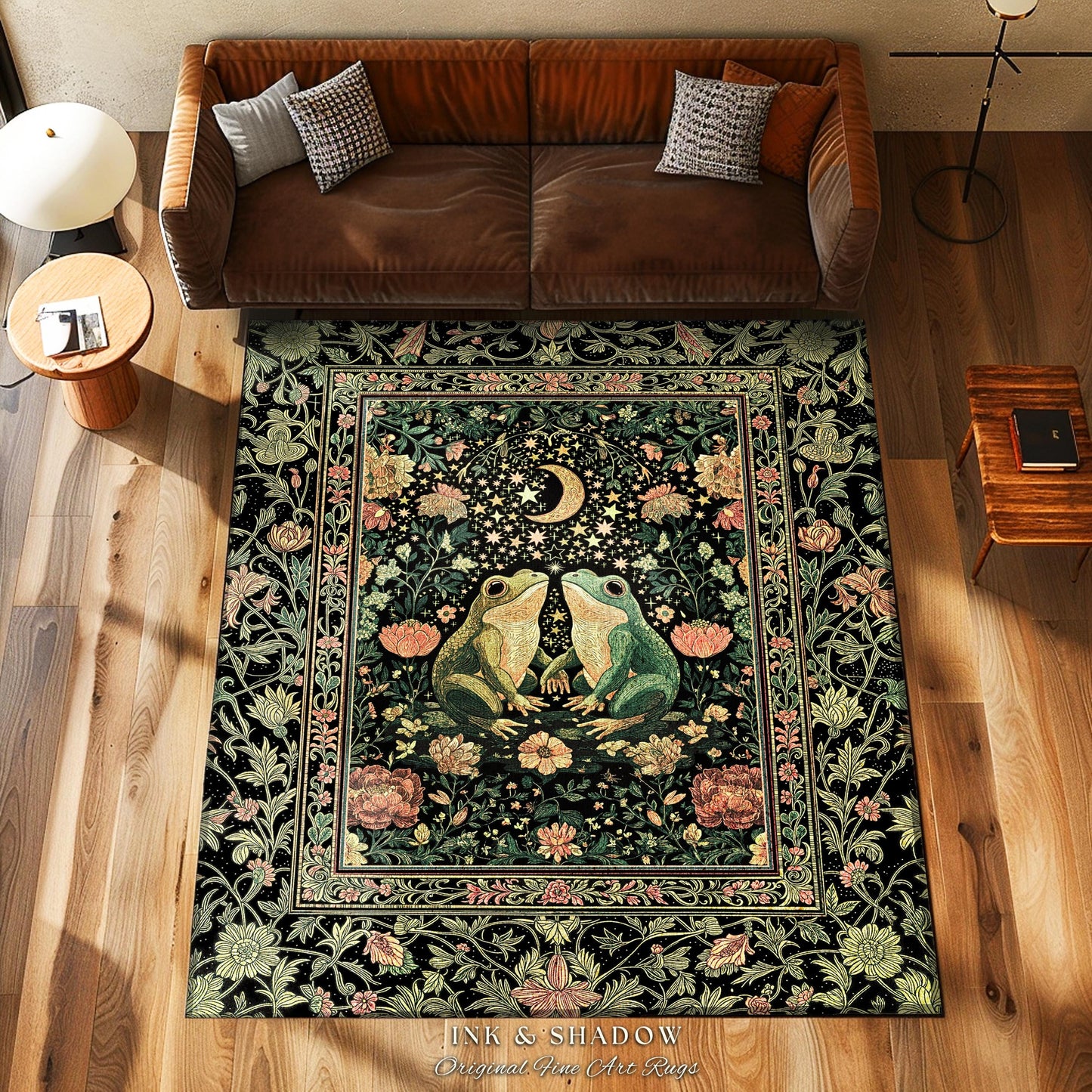 Moonlit Celestial Frog Lovers Area Rug | Fairycore Bedroom Accent Folklore Enchanted Forest Fairy Inspired Decor Cottagecore Whimsy Floral |