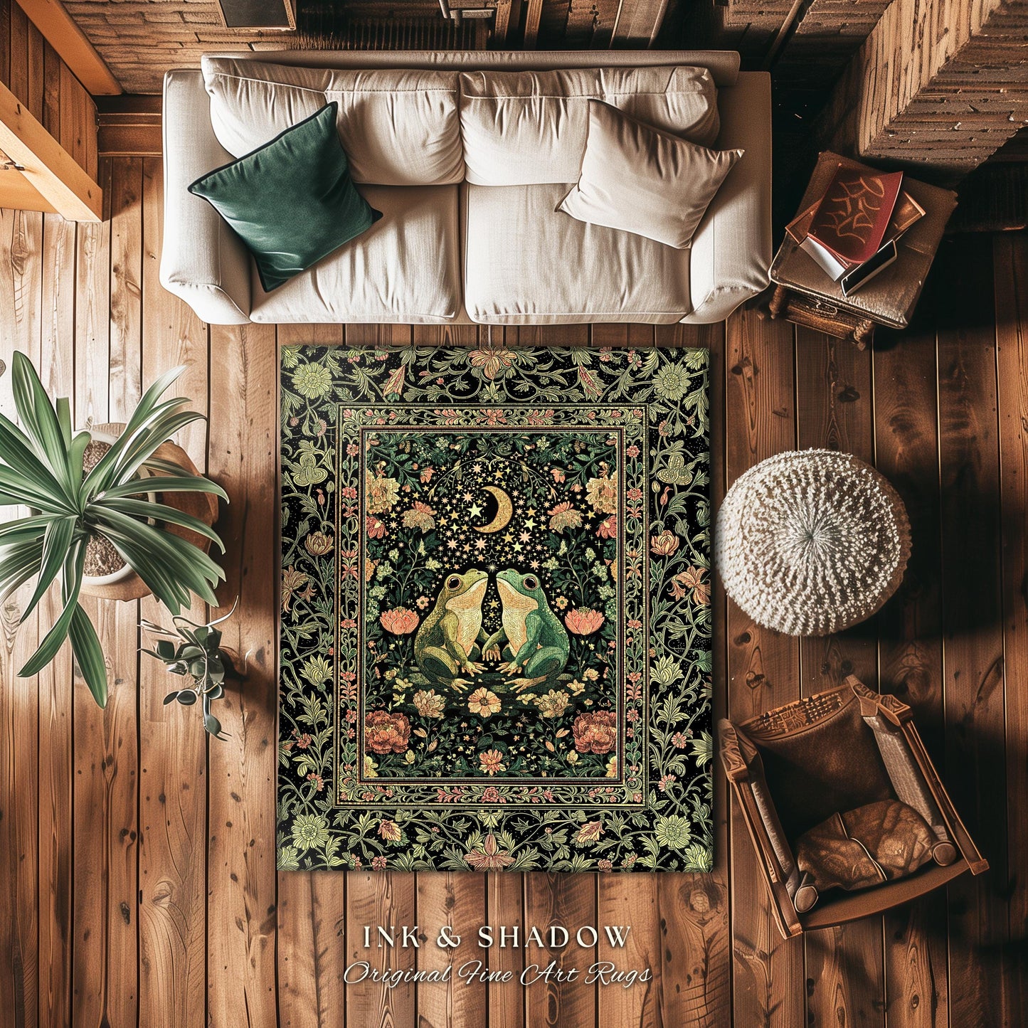 Moonlit Celestial Frog Lovers Area Rug | Fairycore Bedroom Accent Folklore Enchanted Forest Fairy Inspired Decor Cottagecore Whimsy Floral |