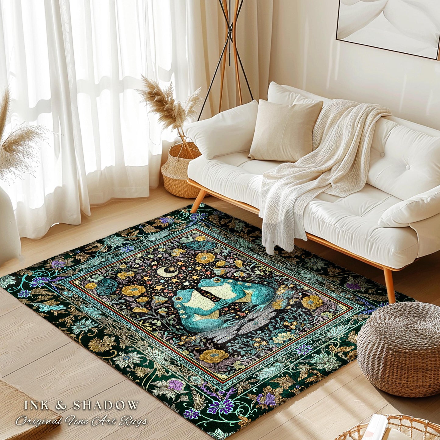 Frog and Toad Celestial Area Rug | Dark Cottagecore Whimsigoth Aesthetic Goblincore Bedroom Mystic Theme Enchanted Forest Botanical Folklore