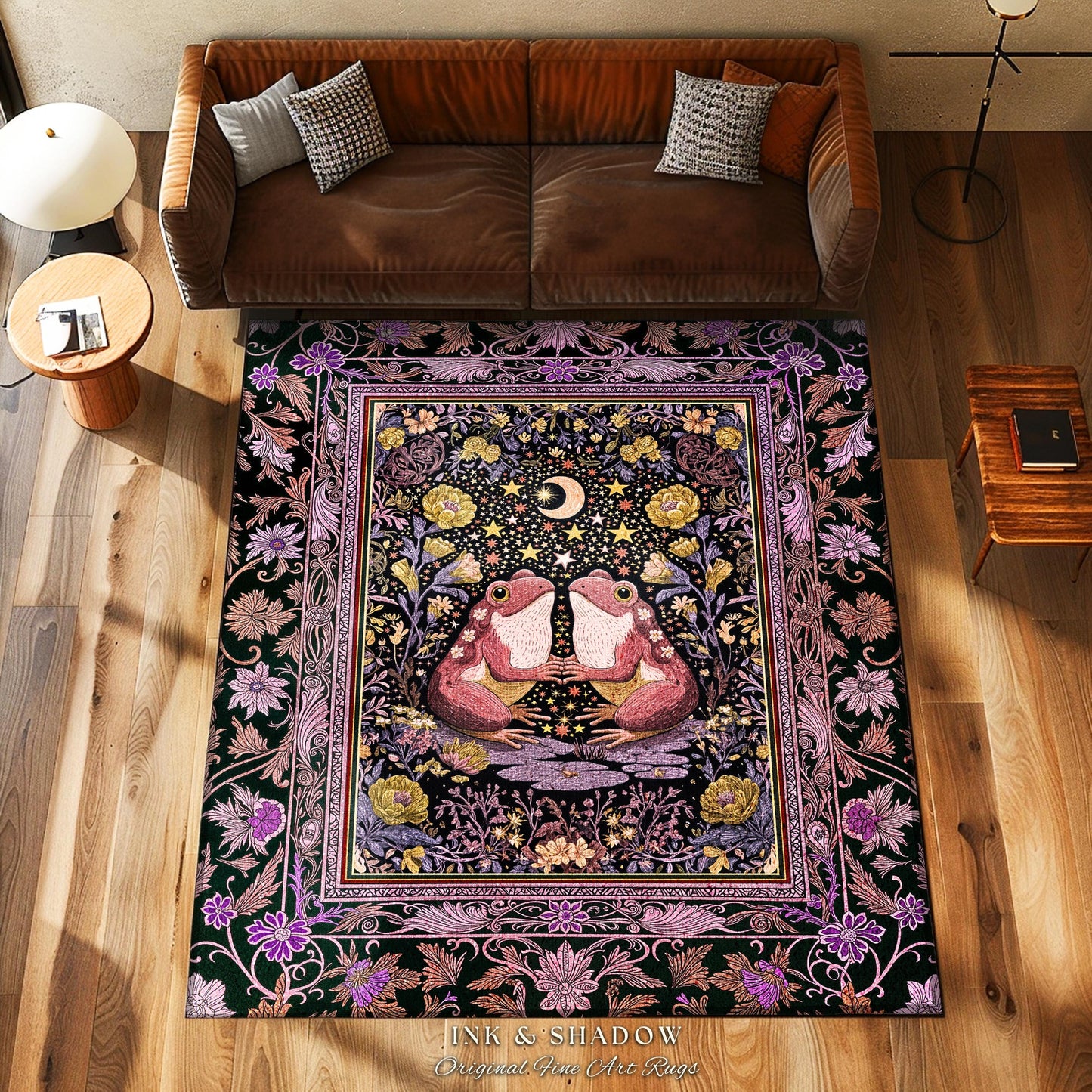 Pastel Goblincore Frog Couple Rug | Cottagecore Area Decor Whimsigothic Style Enchanted Forest Fairycore Bedroom Dark Botanical Whimsy Boho