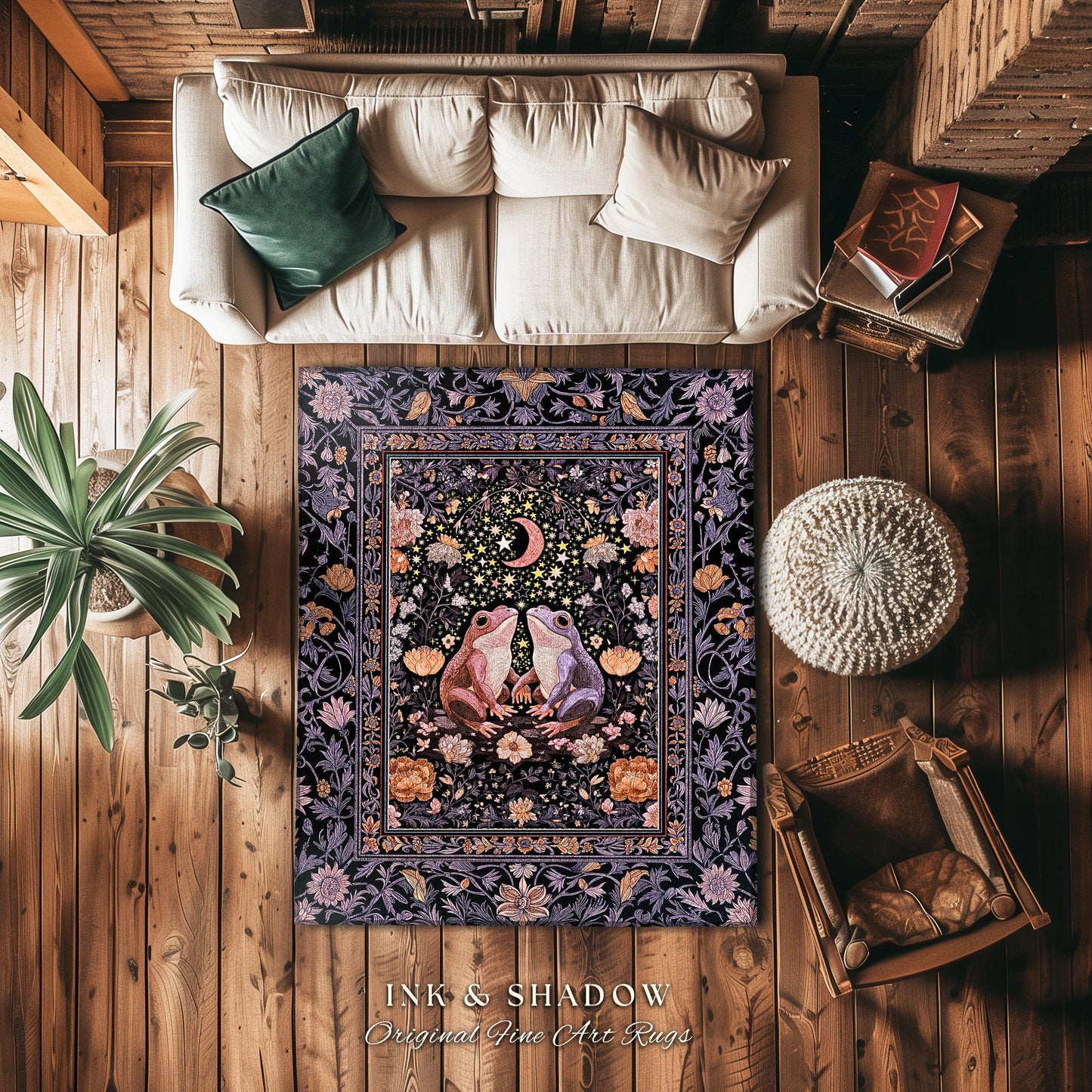 Soft Fairycore Moonlit Frog Accent Rug | Purple Whimsical Home Decor Cottagecore Bedroom Enchanted Garden Whimsigothic Mystical Aesthetic |