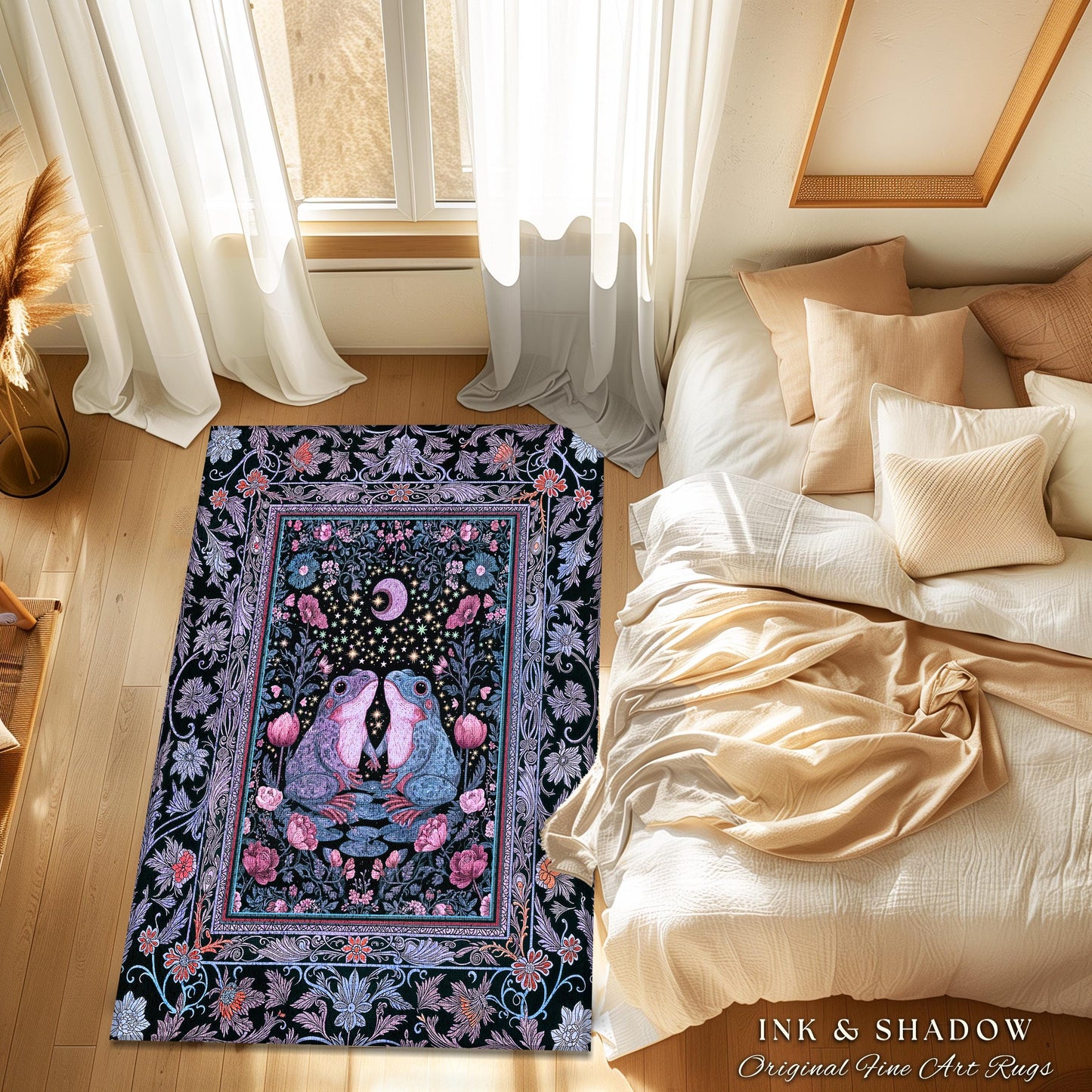Dreamy Lavender Woodland Area Rug | Boho Fairycore Bedroom Accent Cute Frog Couple Mystic Theme Pastel Purple Decor Whimsigothic Aesthetic