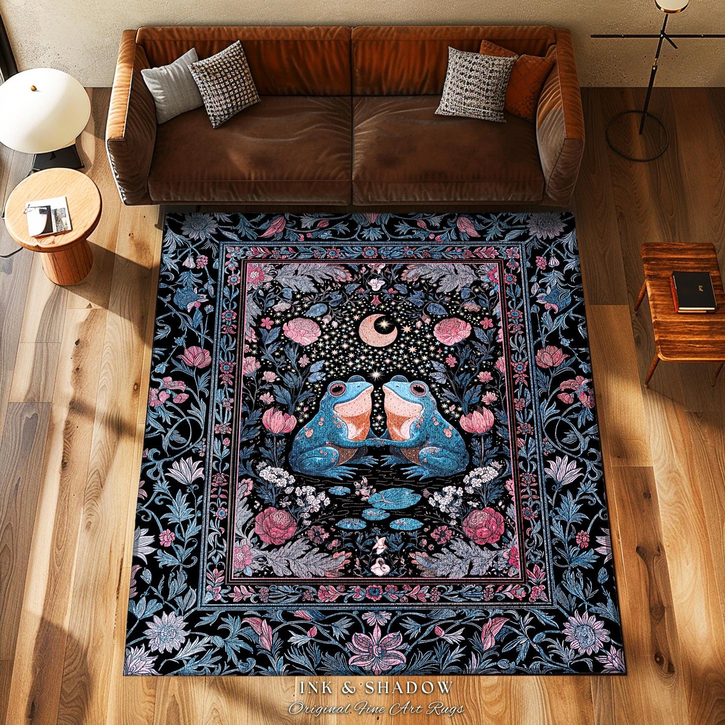 Bohemian Frogs Whimsical Accent Rug | Enchanted Woodland Forest Theme Folklore Decor Mystical Fairycore Aesthetic Whimsigoth Celestial Motif