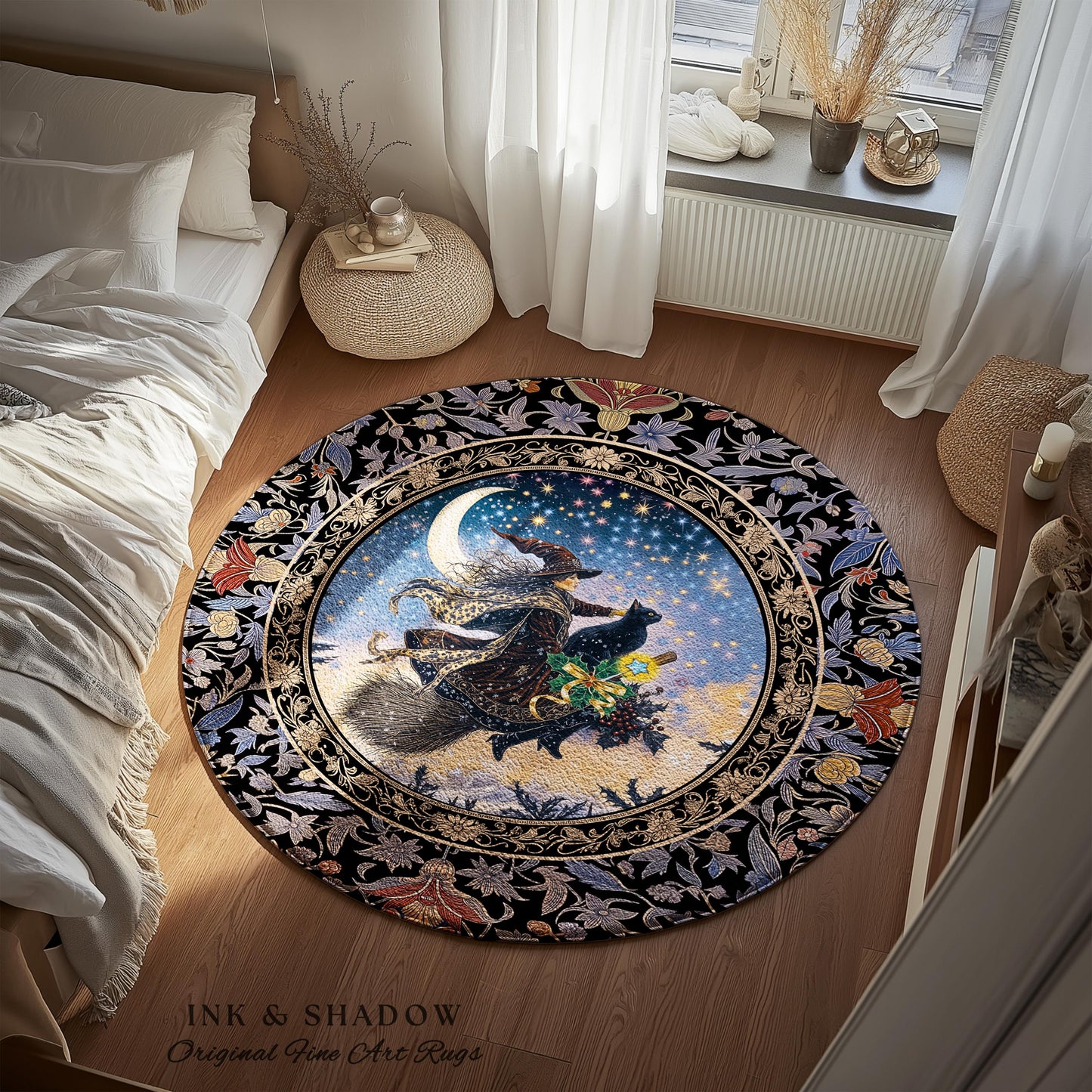 Magic Moonlit Witch Accent Rug | Ethereal Witchy Halloween Bedroom Area Rug Nostalgic Aesthetic Broomstick Black Cat Celestial Home Decor |