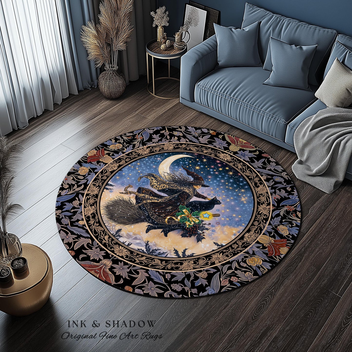 Magic Moonlit Witch Accent Rug | Ethereal Witchy Halloween Bedroom Area Rug Nostalgic Aesthetic Broomstick Black Cat Celestial Home Decor |