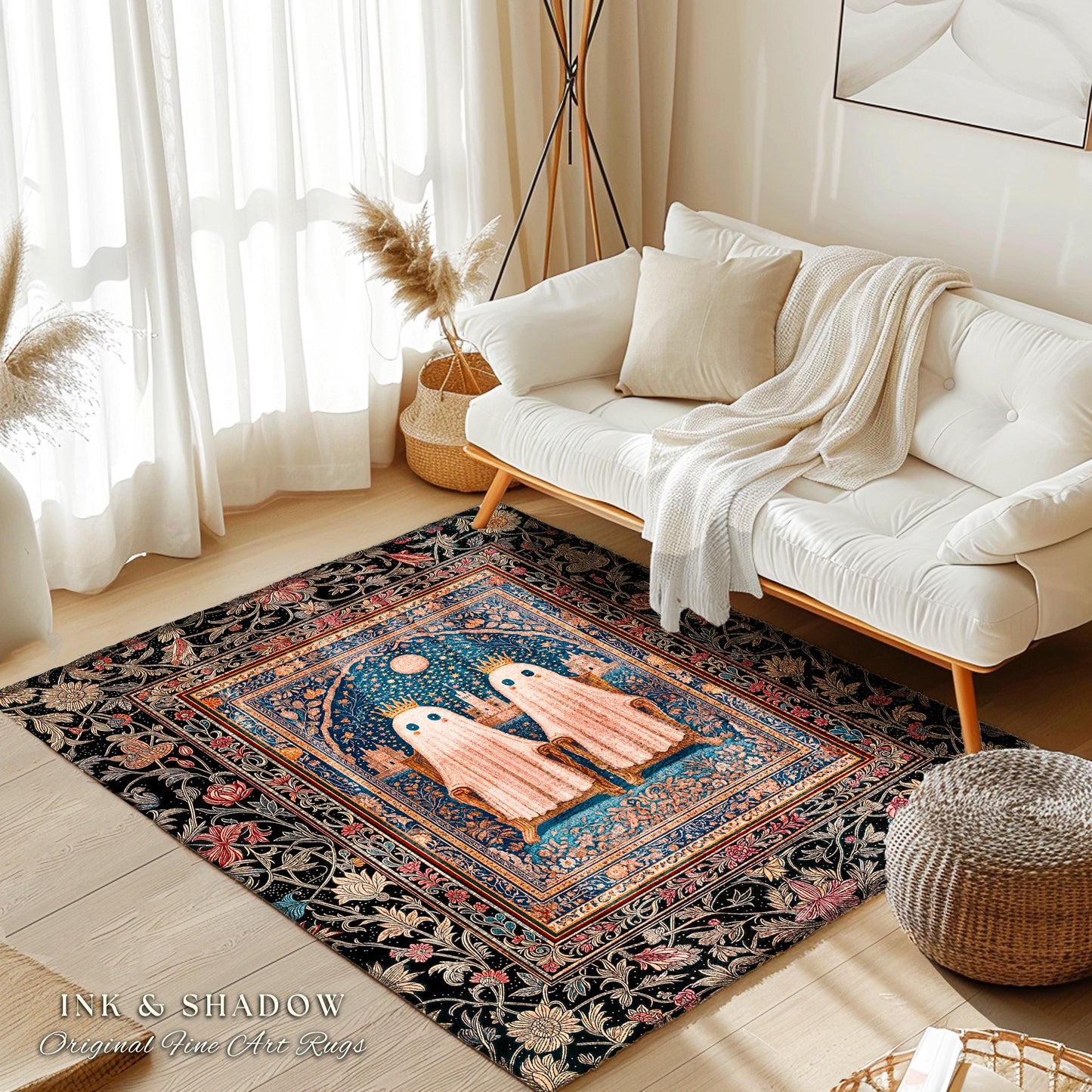 Kindred Spirits Royal Area Rug | Cute Halloween Home Accent Cozy Gothic Decor Dark Academia Style Ghost Motif Rug Whimsigoth Decor Bohemian