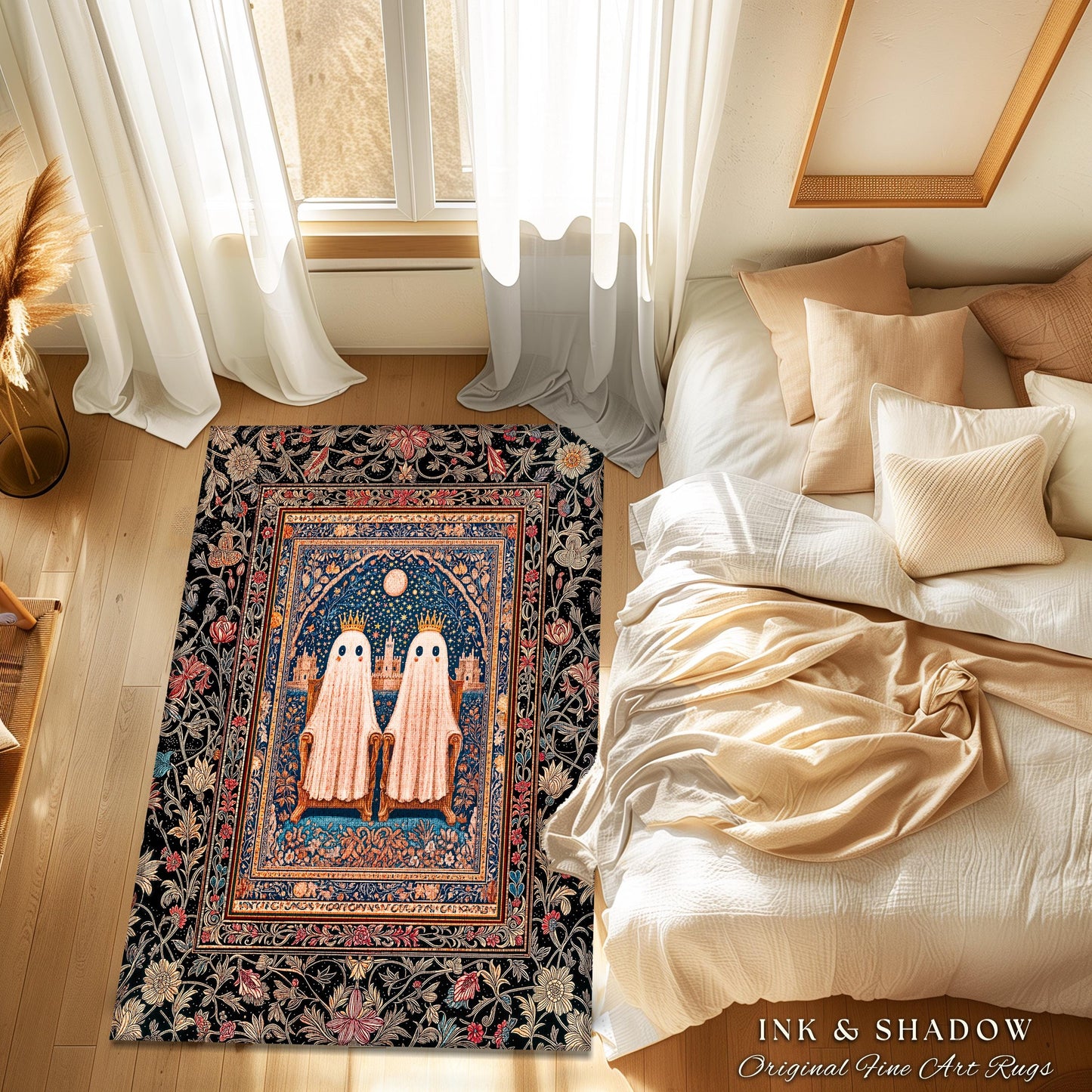 Kindred Spirits Royal Area Rug | Cute Halloween Home Accent Cozy Gothic Decor Dark Academia Style Ghost Motif Rug Whimsigoth Decor Bohemian
