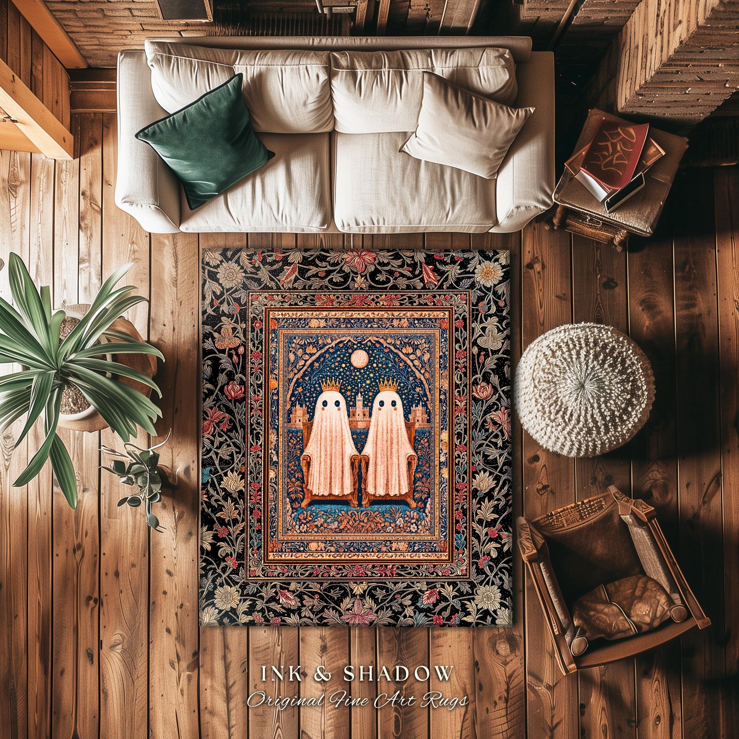 Kindred Spirits Royal Area Rug | Cute Halloween Home Accent Cozy Gothic Decor Dark Academia Style Ghost Motif Rug Whimsigoth Decor Bohemian