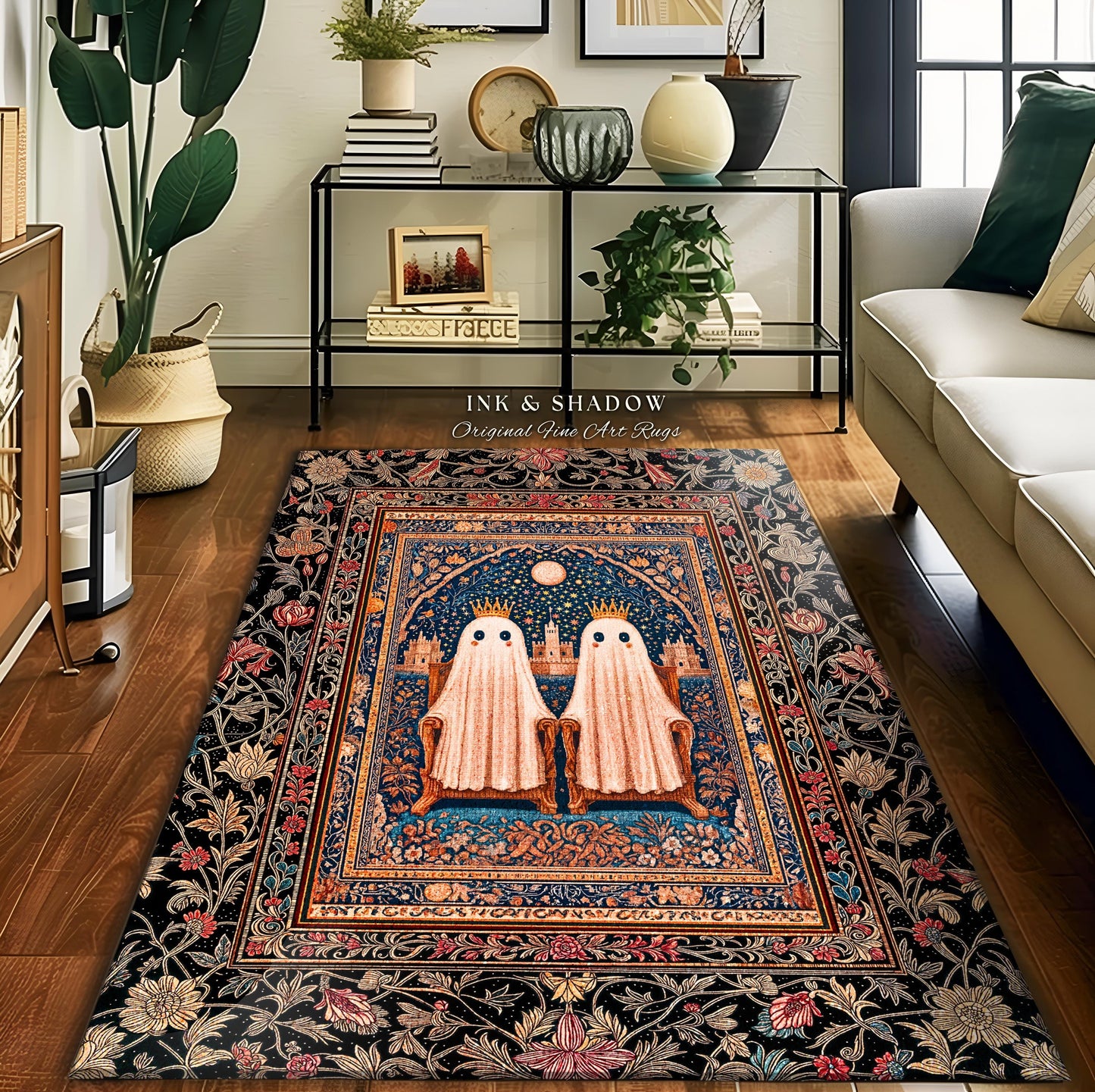 Kindred Spirits Royal Area Rug | Cute Halloween Home Accent Cozy Gothic Decor Dark Academia Style Ghost Motif Rug Whimsigoth Decor Bohemian