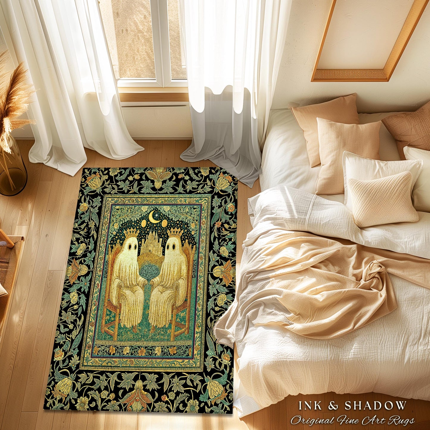 Haunted Royal Spirits Area Rug | Cozy Gothic Ghost Accent Dark Academia Theme Whimsigothic Celestial Sage Green Halloween Decor Spooky Motif