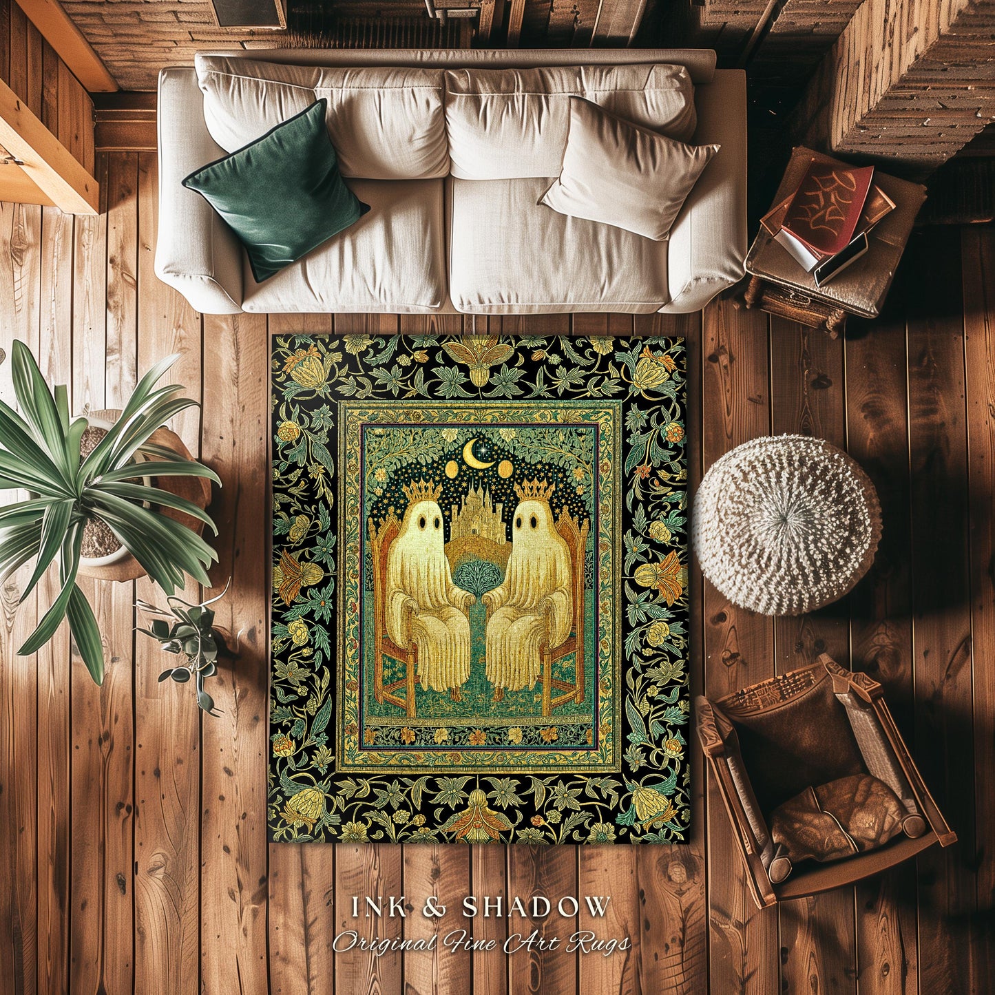 Haunted Royal Spirits Area Rug | Cozy Gothic Ghost Accent Dark Academia Theme Whimsigothic Celestial Sage Green Halloween Decor Spooky Motif