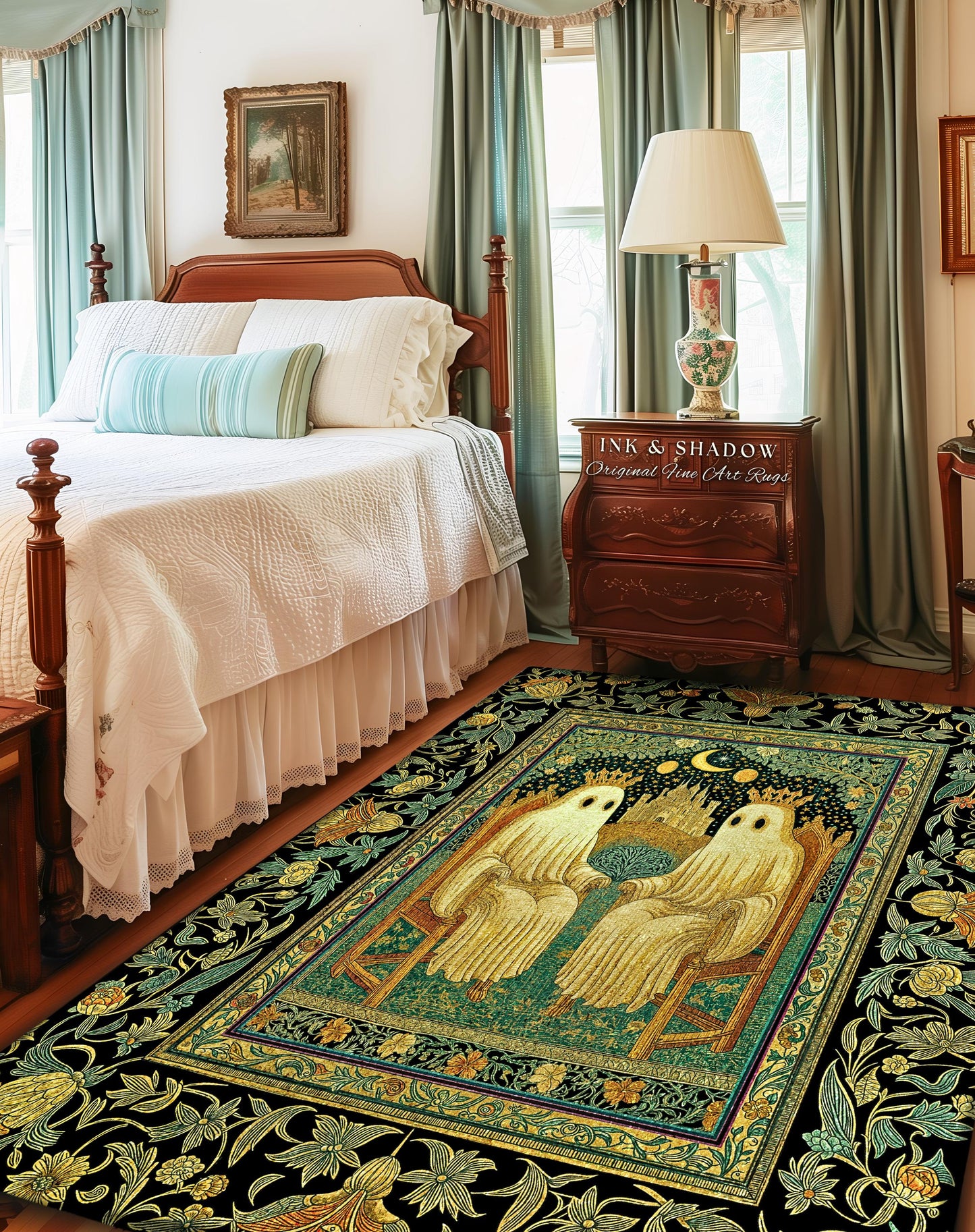 Haunted Royal Spirits Area Rug | Cozy Gothic Ghost Accent Dark Academia Theme Whimsigothic Celestial Sage Green Halloween Decor Spooky Motif