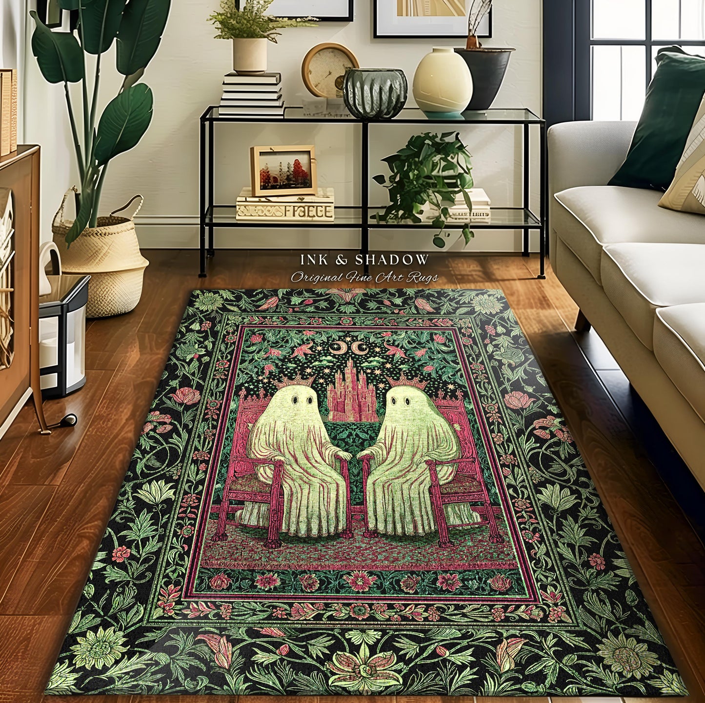 King and Queen Ghost Couple Area Rug | Cozy Gothic Bedroom Accent Halloween Decor Botanical Theme Dark Academia Spooky Whimsigothic Style |