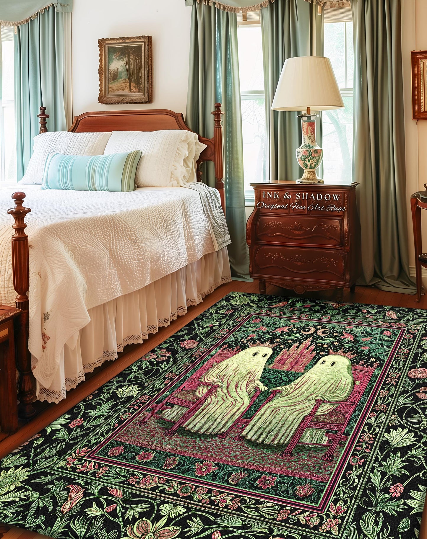King and Queen Ghost Couple Area Rug | Cozy Gothic Bedroom Accent Halloween Decor Botanical Theme Dark Academia Spooky Whimsigothic Style |