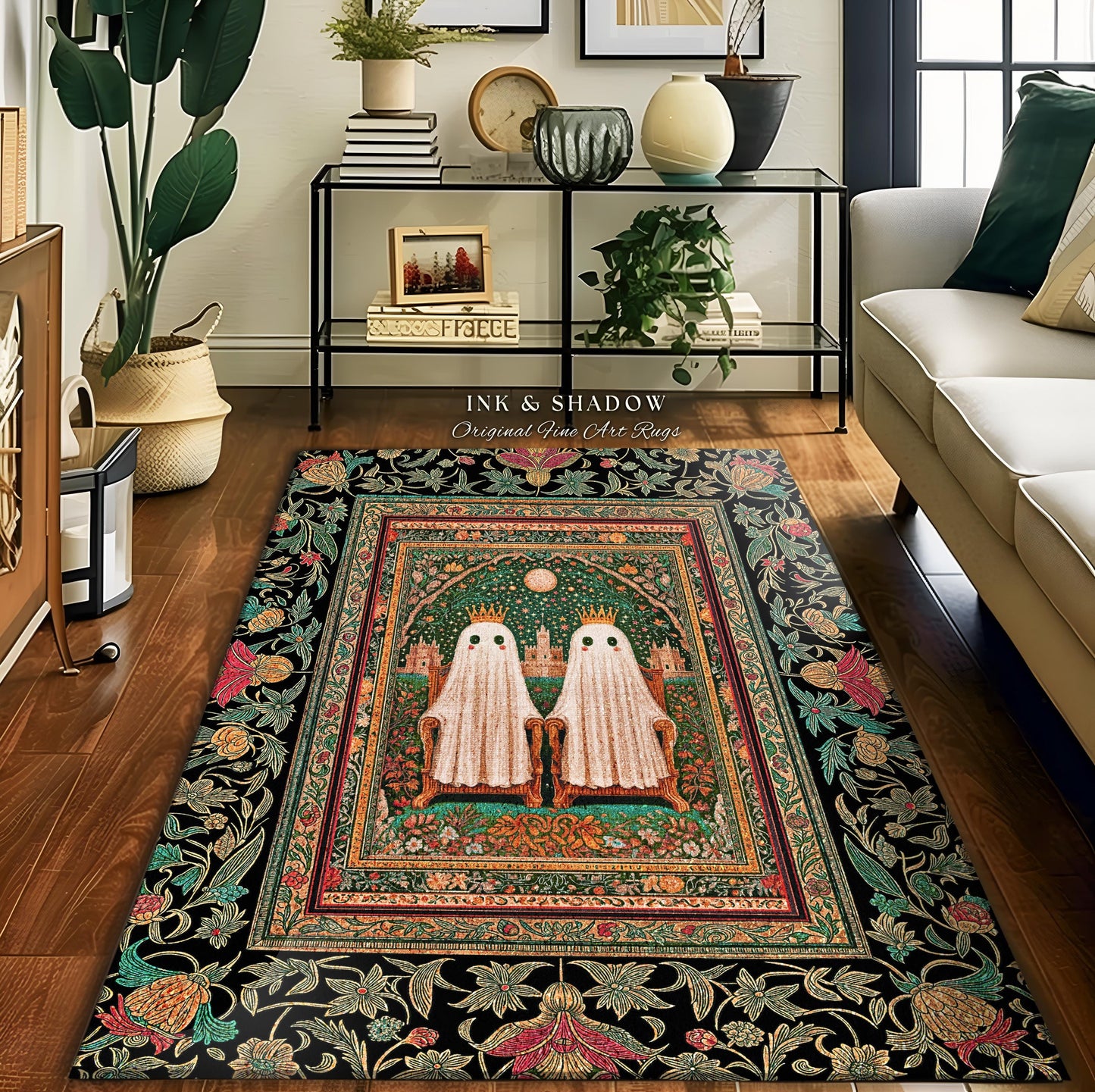 Ghostly Boho Couple Area Rug | Cozy Gothic Decor Haunted Forest Aesthetic Halloween Accent Witchy Style Dark Academia Bedroom Whimsigothic |