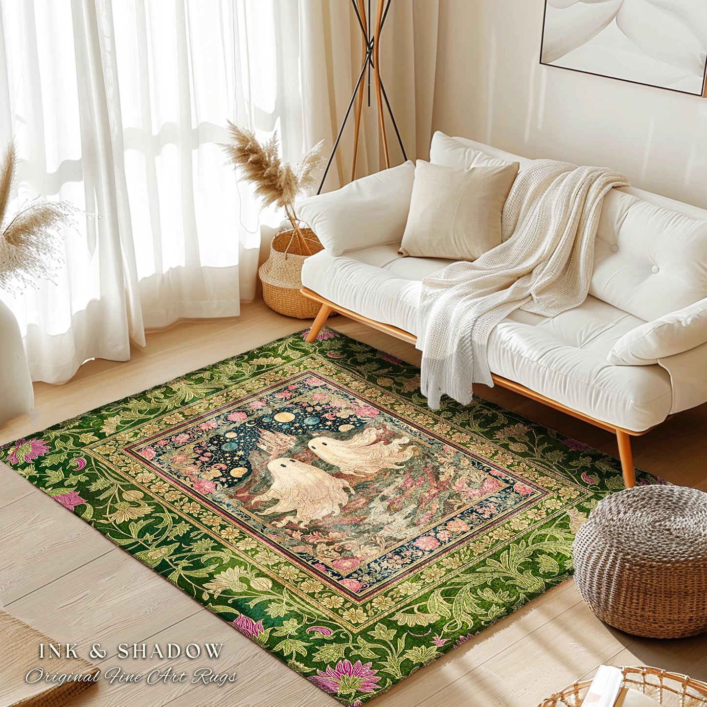 Cosmic Valley Ghost Couple Area Rug | Cute Halloween Aesthetic Forestcore Accent Cozy Fall Decor Folklore-Inspired Witchy Whimsigoth Style |