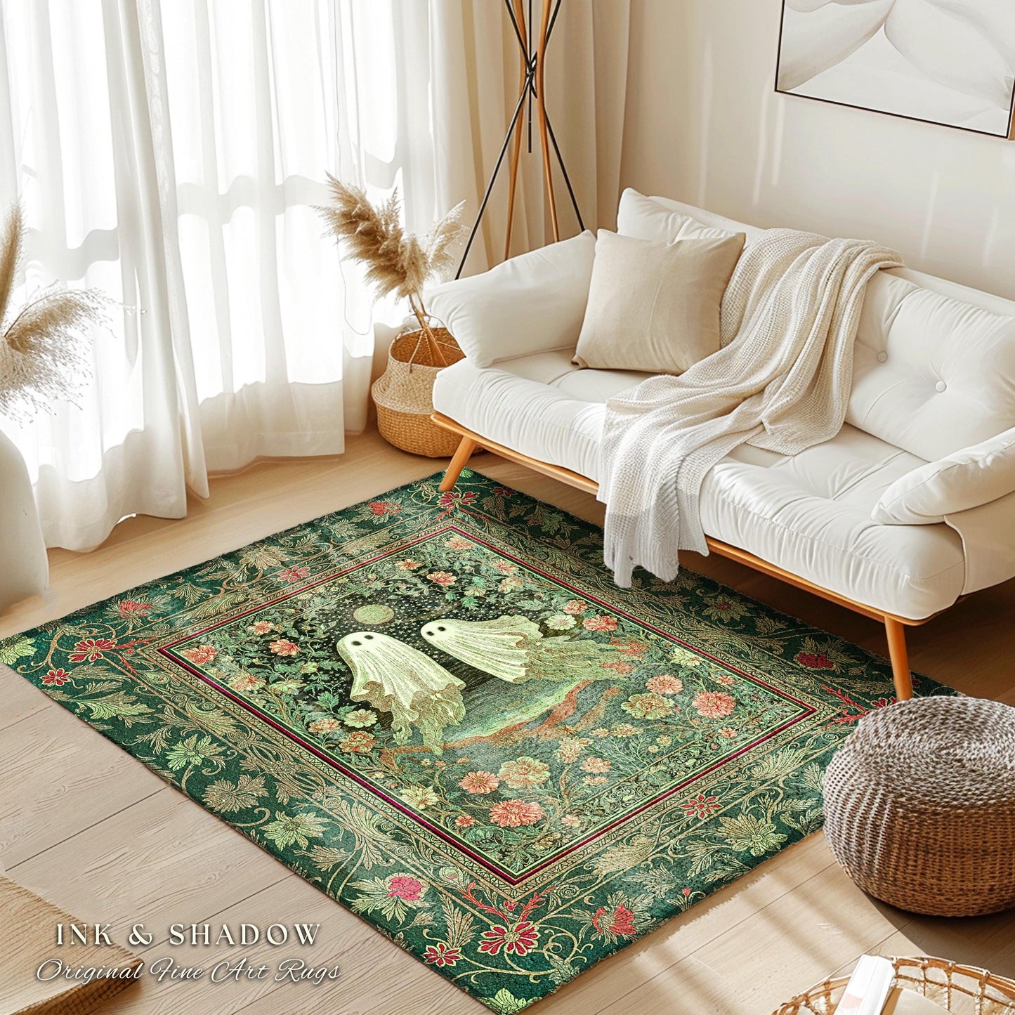 Soft Aesthetic Ghost Lovers Area Rug | Halloween Rug Cozy Fall Whimsigoth Decor Cottagecore Magic Botanical Fairytale Accent Spooky Cute |