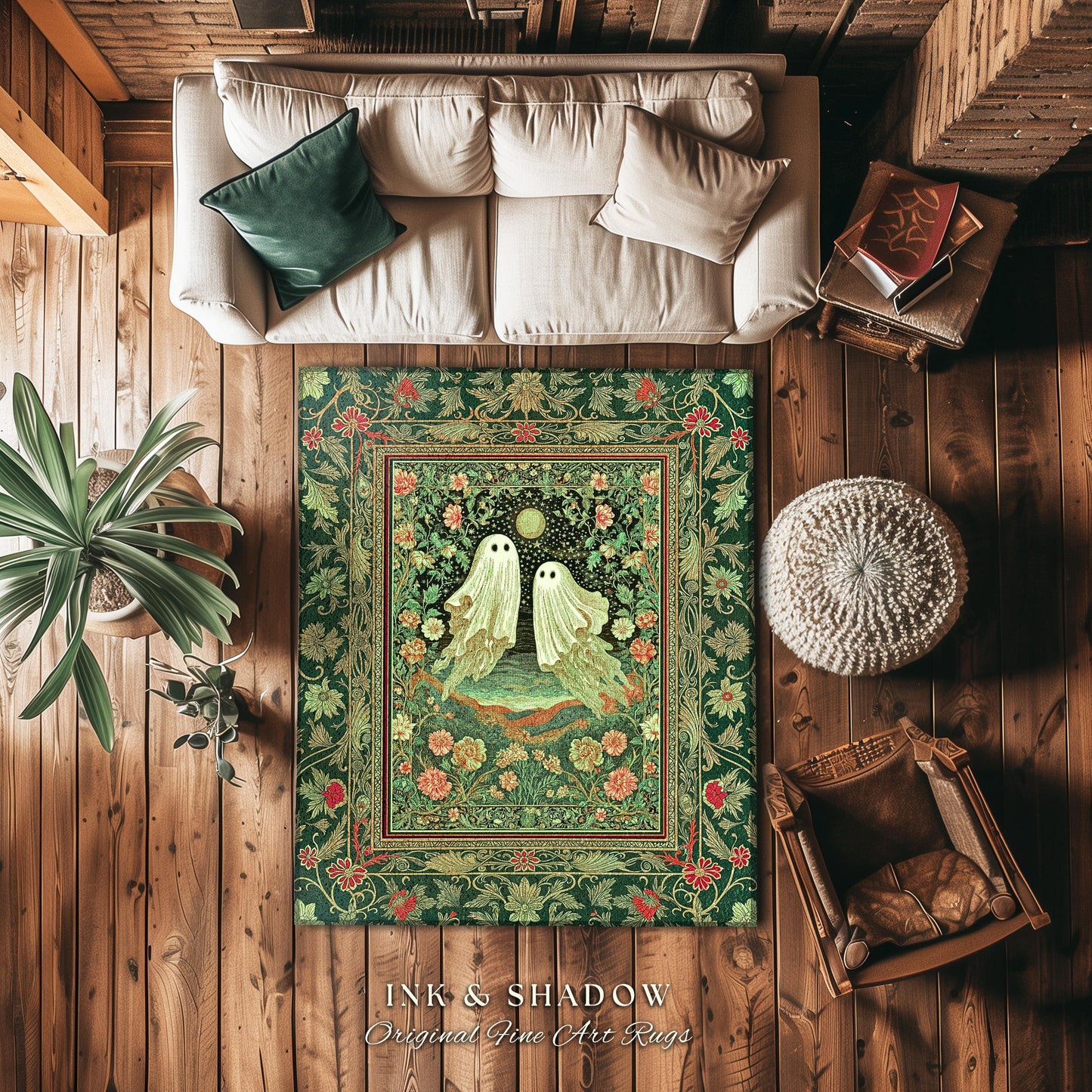 Soft Aesthetic Ghost Lovers Area Rug | Halloween Rug Cozy Fall Whimsigoth Decor Cottagecore Magic Botanical Fairytale Accent Spooky Cute |