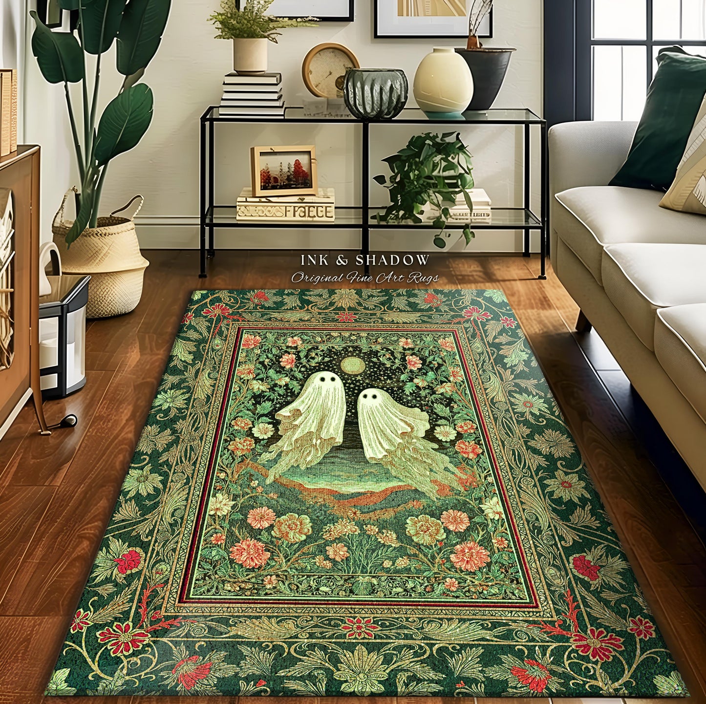 Soft Aesthetic Ghost Lovers Area Rug | Halloween Rug Cozy Fall Whimsigoth Decor Cottagecore Magic Botanical Fairytale Accent Spooky Cute |