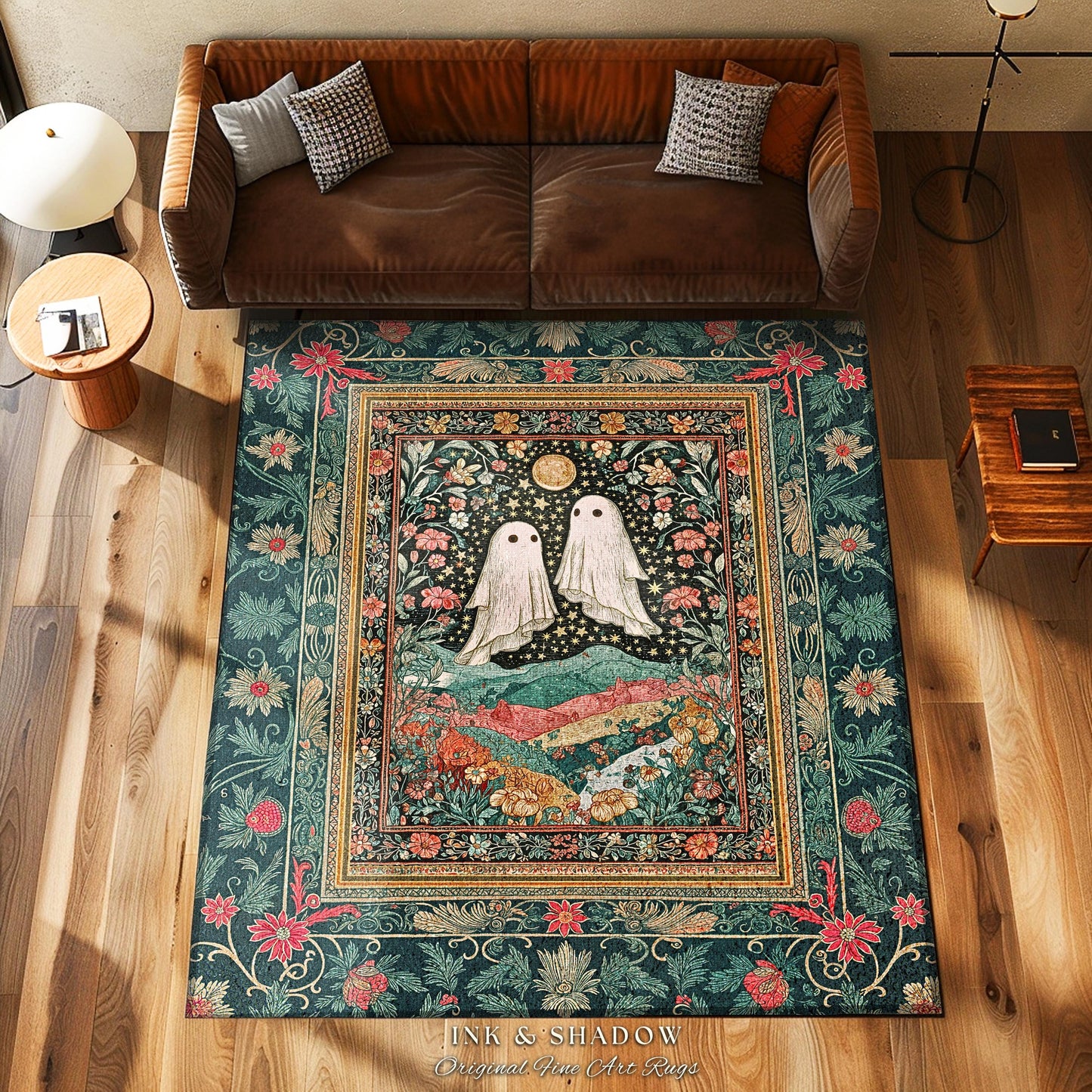 Starlit Garden Ghosts Area Rug | Pastel Whimsical Accent Rug Cozy Fall Decor Cottagecore Magic Carpet Whimsigoth Halloween Style Botanical