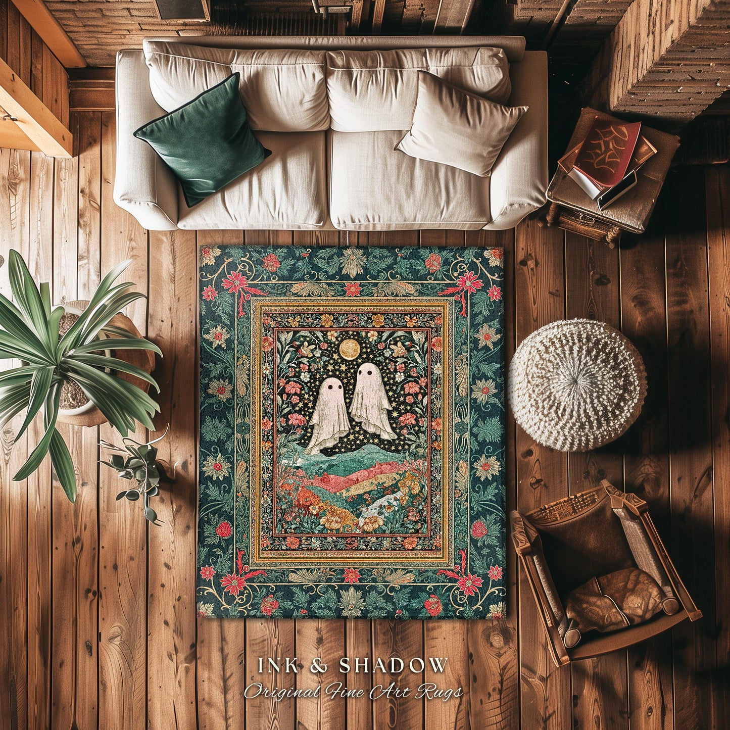 Starlit Garden Ghosts Area Rug | Pastel Whimsical Accent Rug Cozy Fall Decor Cottagecore Magic Carpet Whimsigoth Halloween Style Botanical