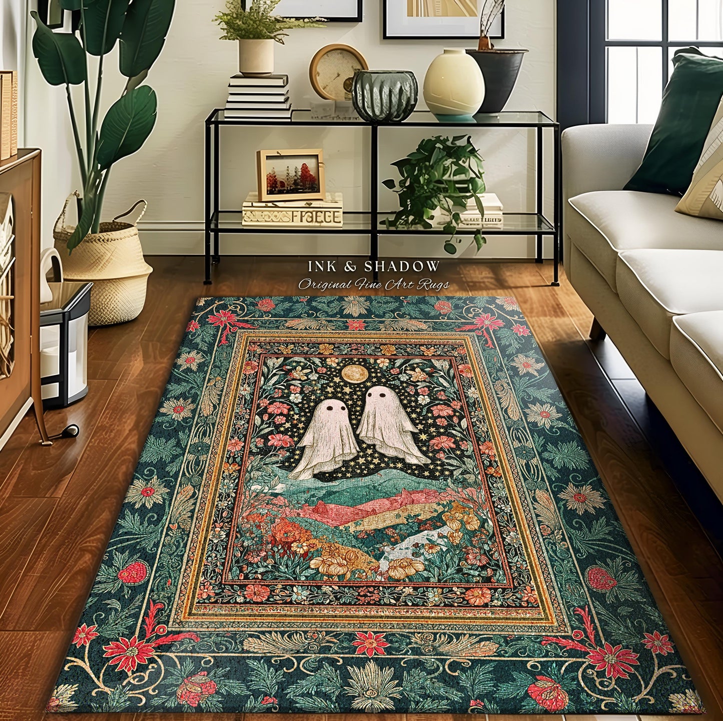 Starlit Garden Ghosts Area Rug | Pastel Whimsical Accent Rug Cozy Fall Decor Cottagecore Magic Carpet Whimsigoth Halloween Style Botanical