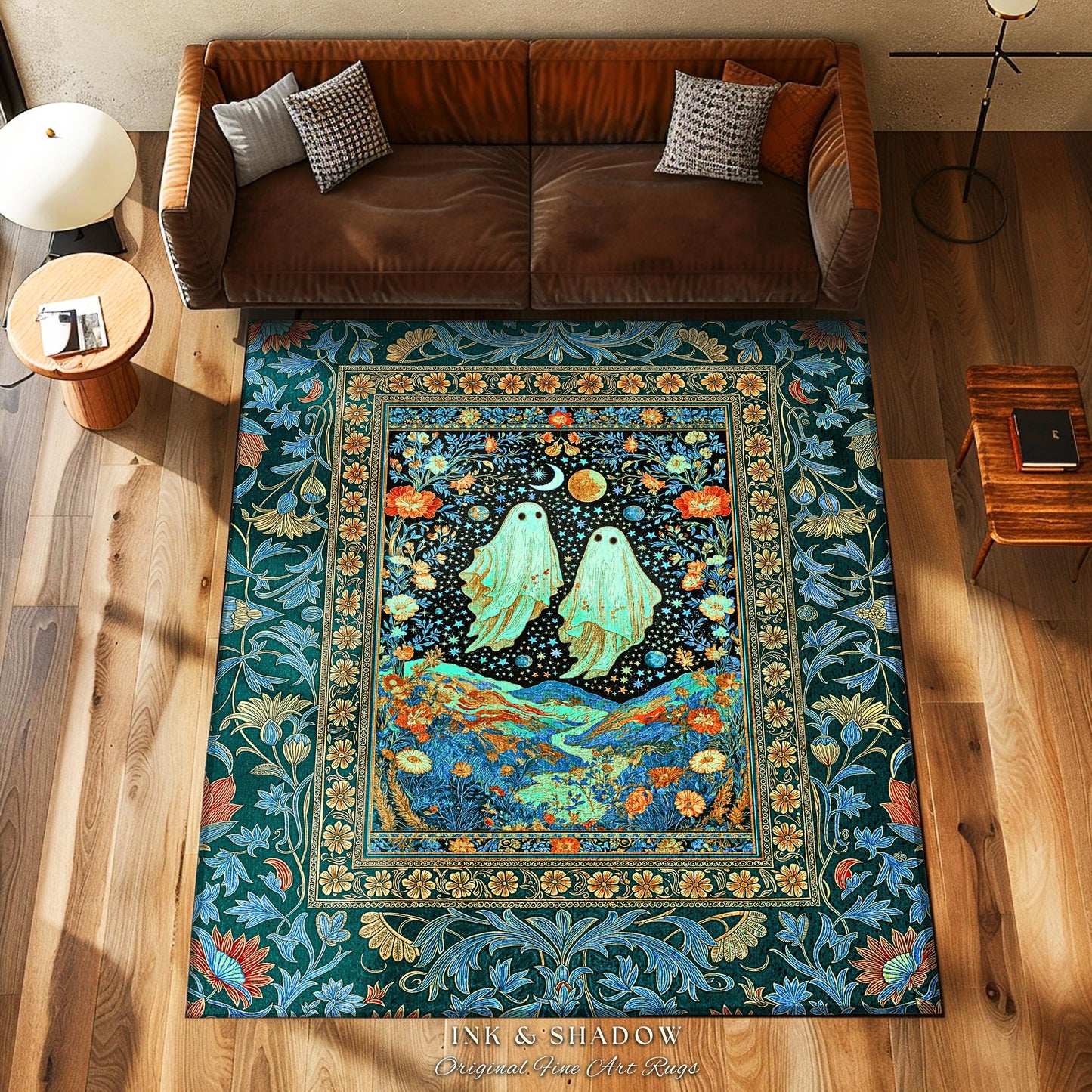 Starry Sky Spirit Couple Area Rug | Ethereal Whimsigothic Home Accent Dark Academia Aesthetic Celestial Gothic Cottagecore Cosmic Vibe Decor