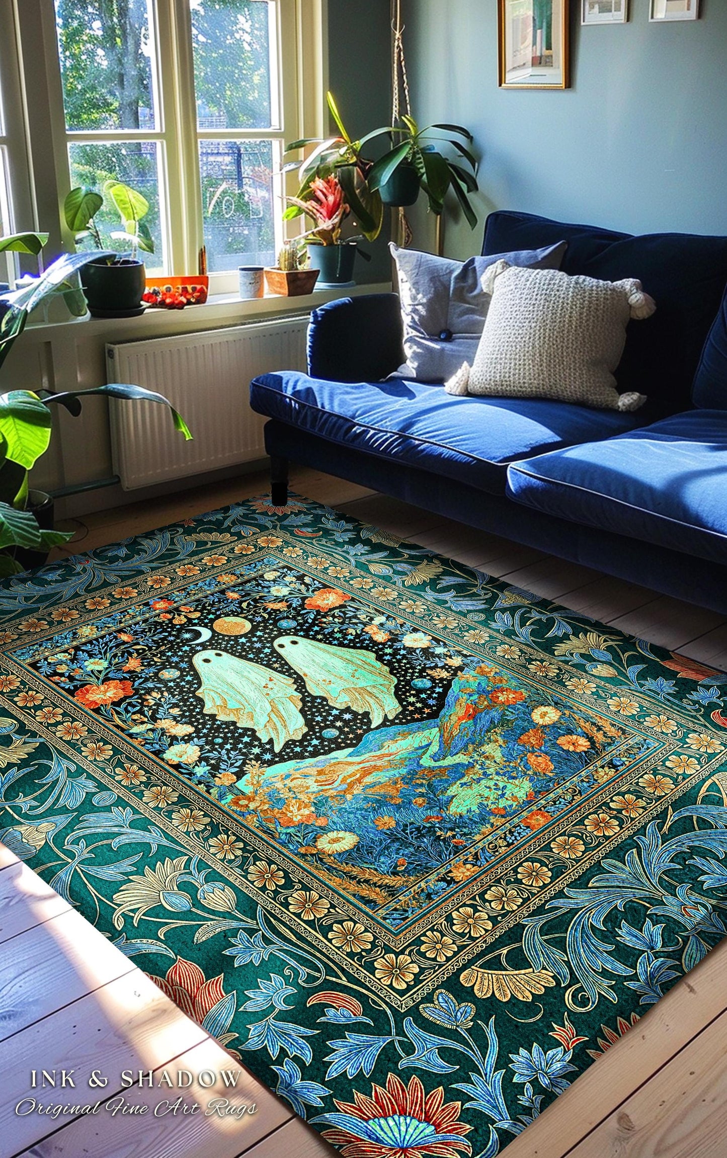 Starry Sky Spirit Couple Area Rug | Ethereal Whimsigothic Home Accent Dark Academia Aesthetic Celestial Gothic Cottagecore Cosmic Vibe Decor