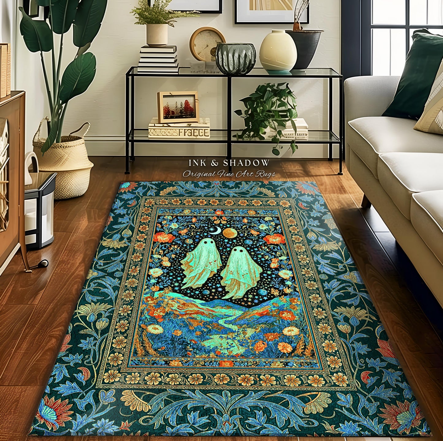 Starry Sky Spirit Couple Area Rug | Ethereal Whimsigothic Home Accent Dark Academia Aesthetic Celestial Gothic Cottagecore Cosmic Vibe Decor