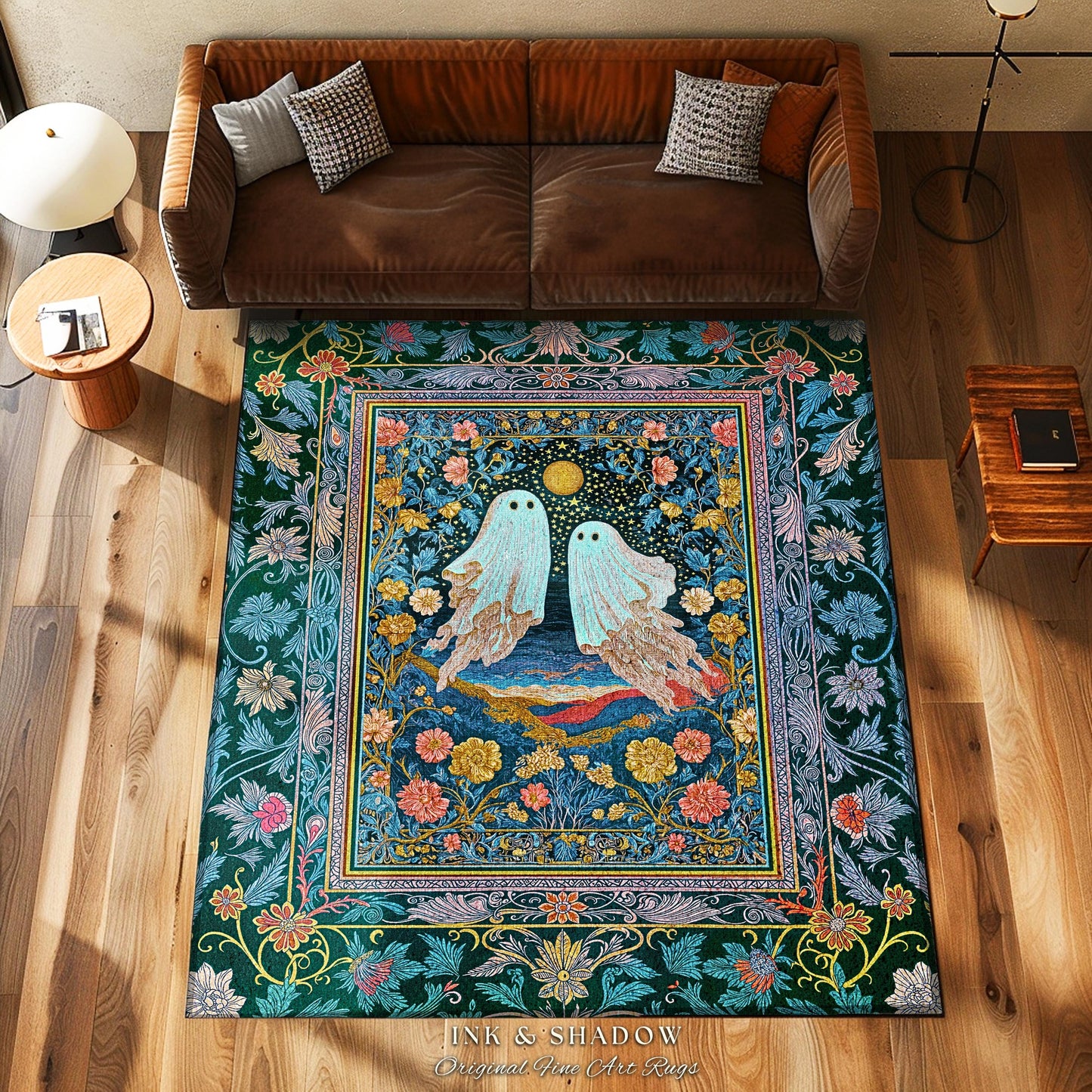 Pastel Florals Whimsical Ghost Rug | Light Academia Bedroom Accent Witchy Decor Whimsigoth Halloween Cute Gothic Cottagecore Aesthetic Room