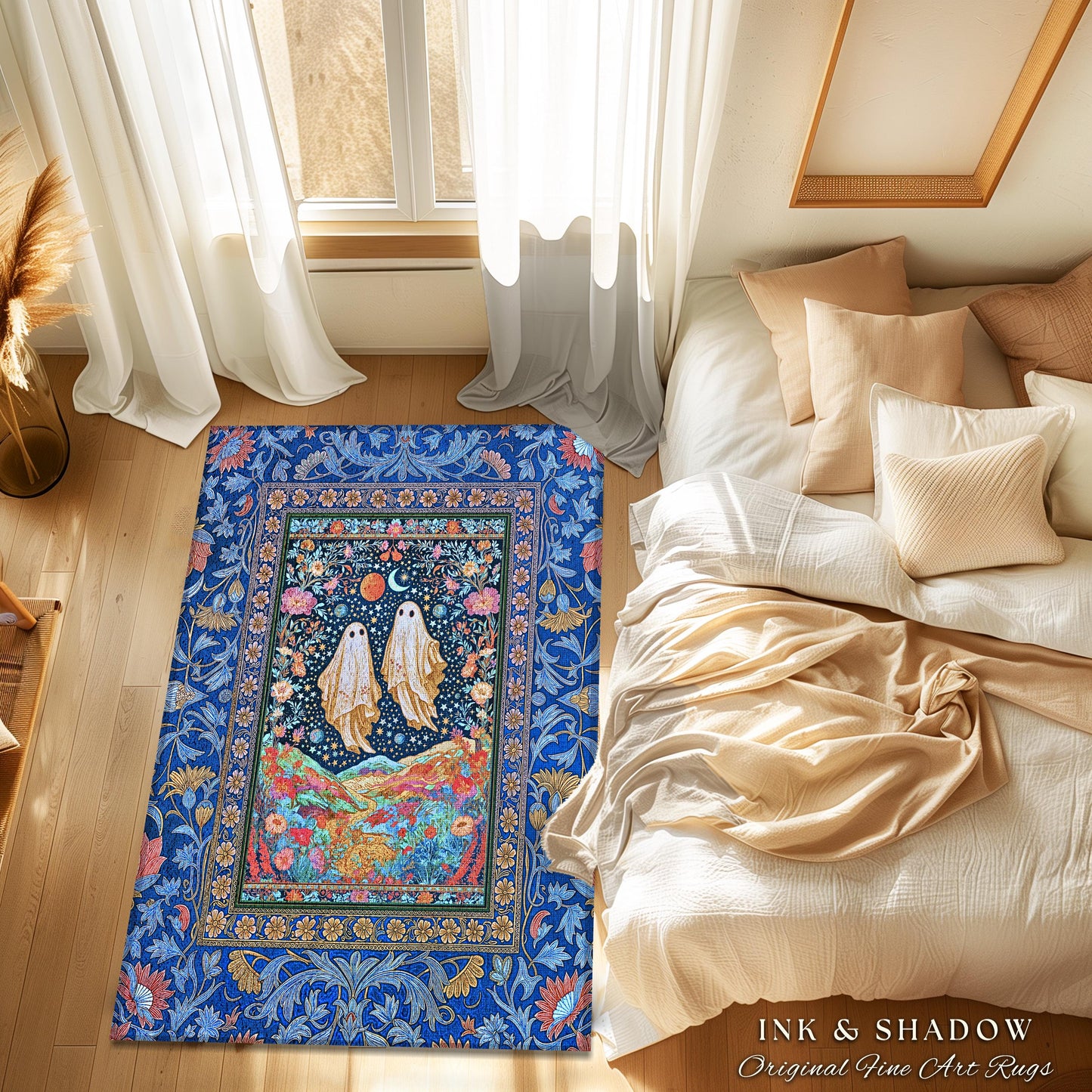 Star-Crossed Ghost Lovers Area Rug | Haunted Forest Cottagecore Bedroom Accent Celestial Halloween Whimsigoth Gothic Moody Botanical Decor