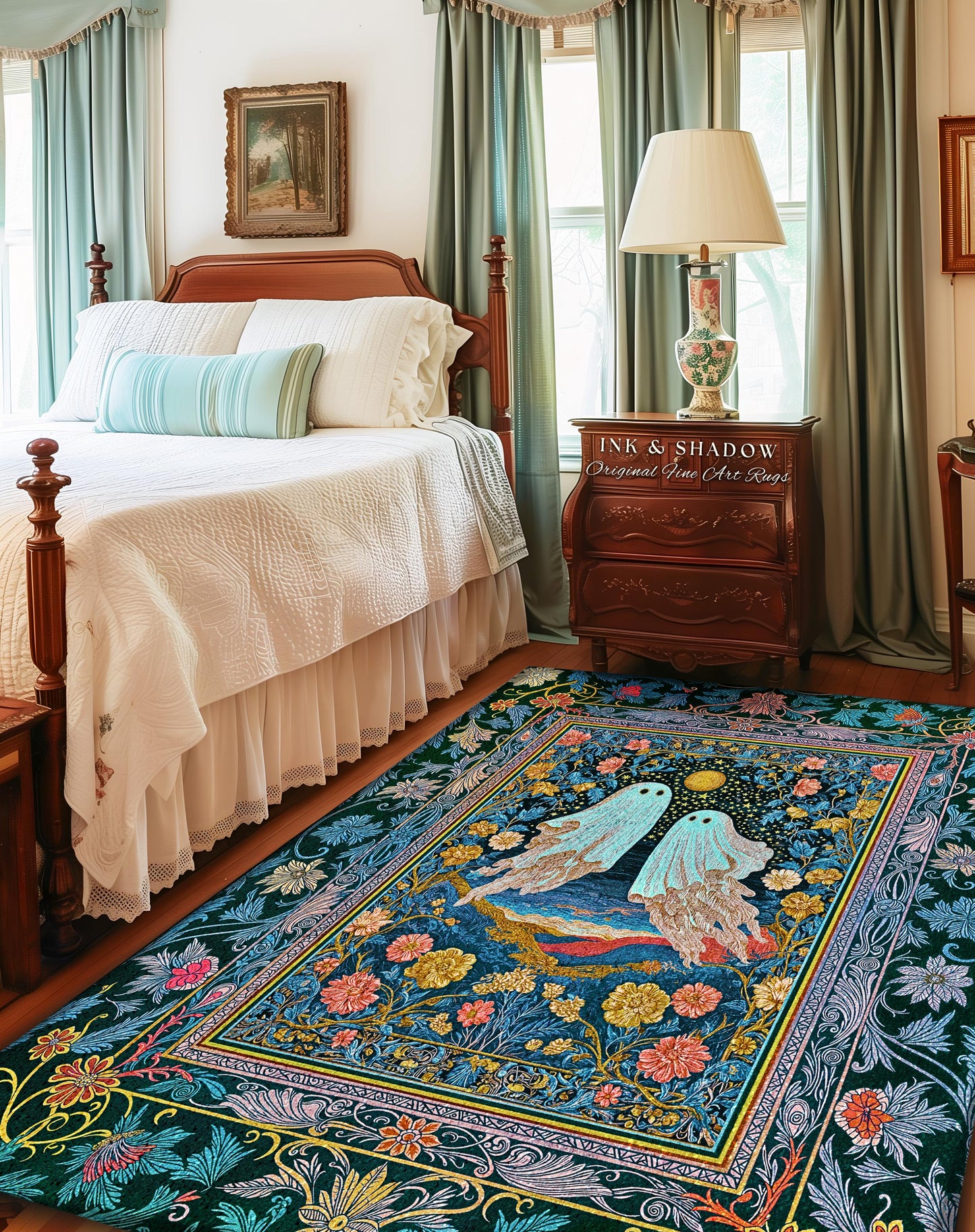 Pastel Florals Whimsical Ghost Rug | Light Academia Bedroom Accent Witchy Decor Whimsigoth Halloween Cute Gothic Cottagecore Aesthetic Room