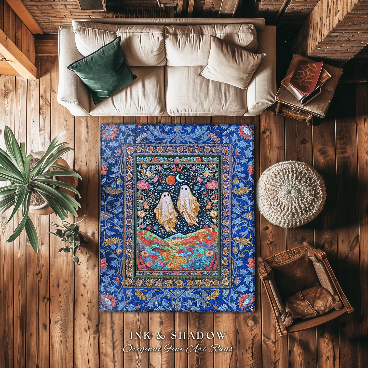 Star-Crossed Ghost Lovers Area Rug | Haunted Forest Cottagecore Bedroom Accent Celestial Halloween Whimsigoth Gothic Moody Botanical Decor