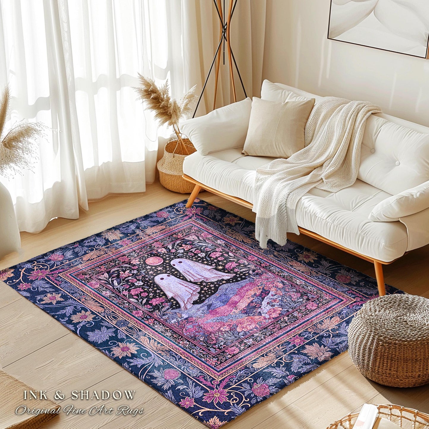Pink & Purple Wildflower Ghost Lovers Rug | Pastel Cottagecore Romantic Bedroom Accent Fairytale Whimsigoth Style Enchanted Botanical Gothic