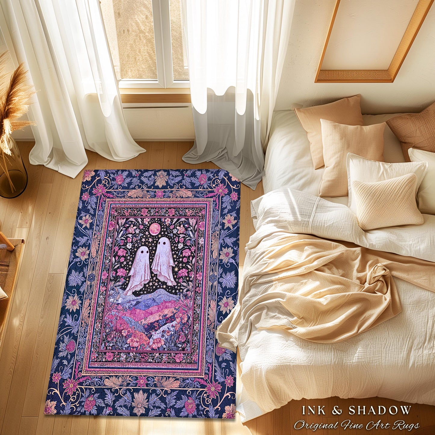 Pink & Purple Wildflower Ghost Lovers Rug | Pastel Cottagecore Romantic Bedroom Accent Fairytale Whimsigoth Style Enchanted Botanical Gothic