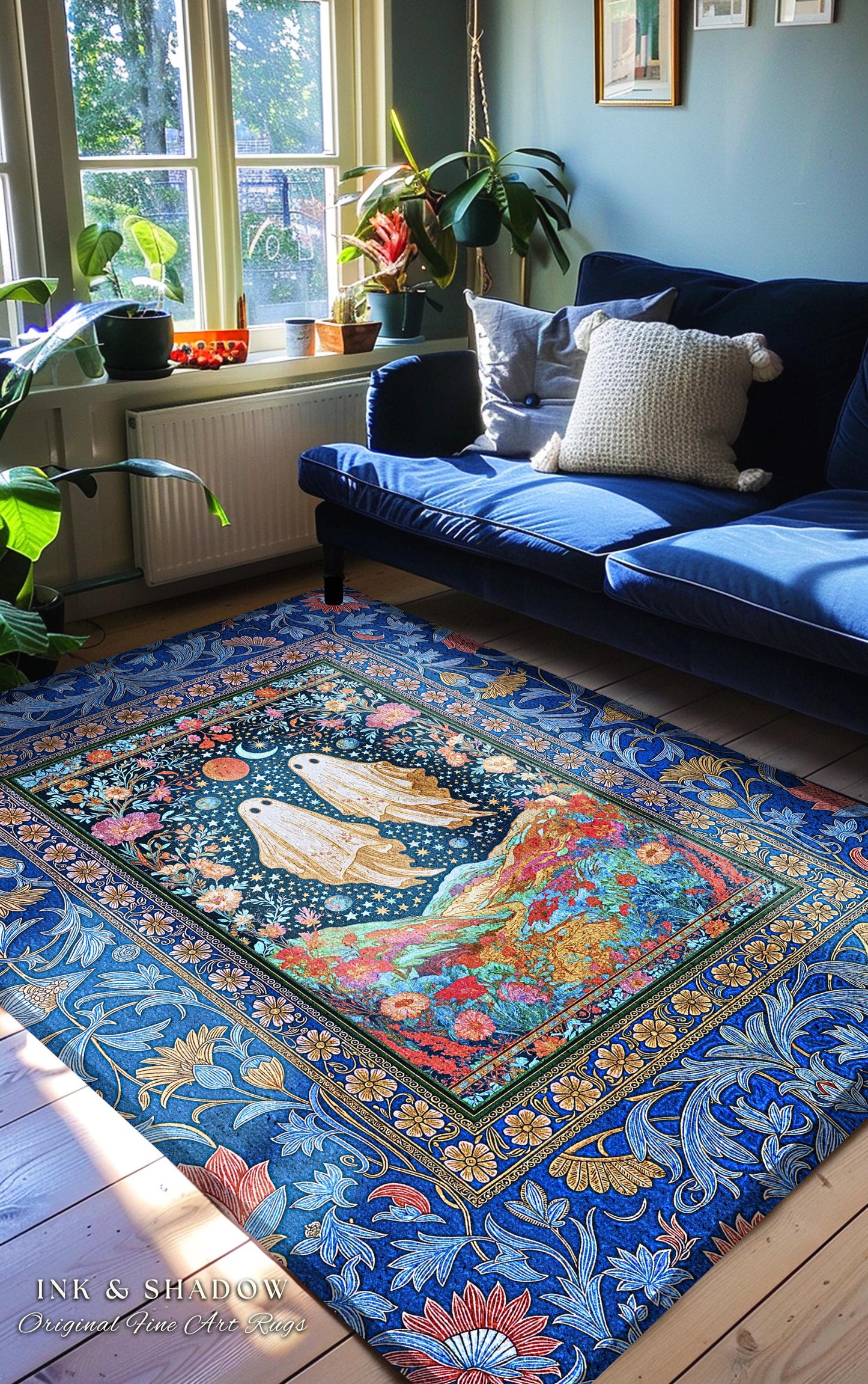 Star-Crossed Ghost Lovers Area Rug | Haunted Forest Cottagecore Bedroom Accent Celestial Halloween Whimsigoth Gothic Moody Botanical Decor