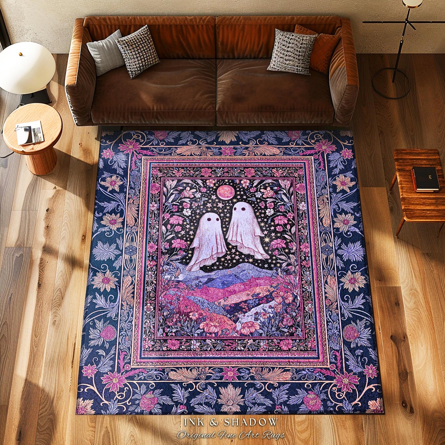 Pink & Purple Wildflower Ghost Lovers Rug | Pastel Cottagecore Romantic Bedroom Accent Fairytale Whimsigoth Style Enchanted Botanical Gothic