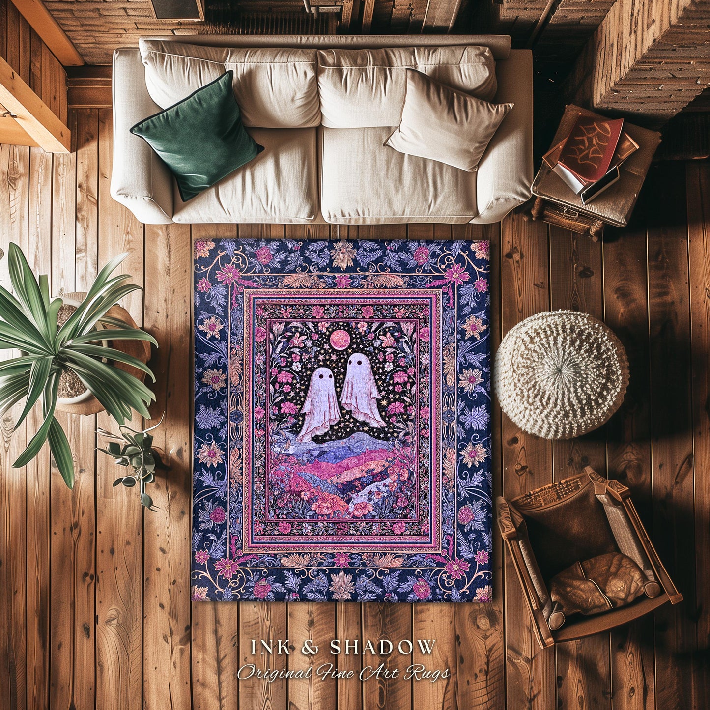 Pink & Purple Wildflower Ghost Lovers Rug | Pastel Cottagecore Romantic Bedroom Accent Fairytale Whimsigoth Style Enchanted Botanical Gothic