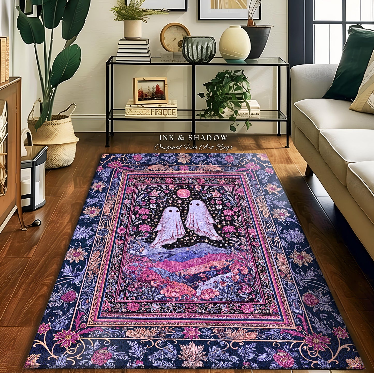 Pink & Purple Wildflower Ghost Lovers Rug | Pastel Cottagecore Romantic Bedroom Accent Fairytale Whimsigoth Style Enchanted Botanical Gothic