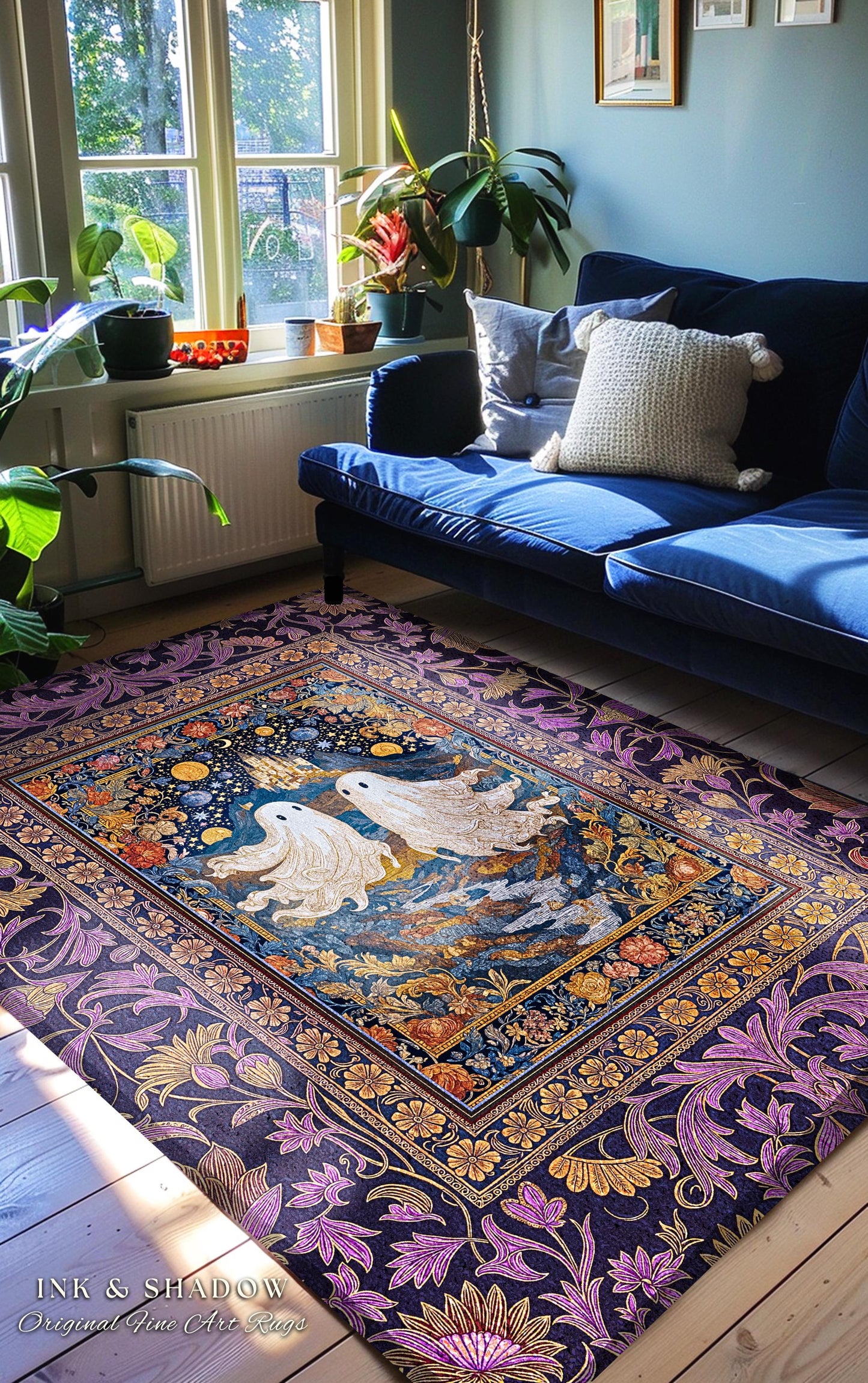 Rosy Aesthetic Celestial Ghost Rug | Gothic Ghost Lovers Bedroom Spooky Season Decor Witchy Style Fantasy Accent Baroque Fairytale Whimsy |